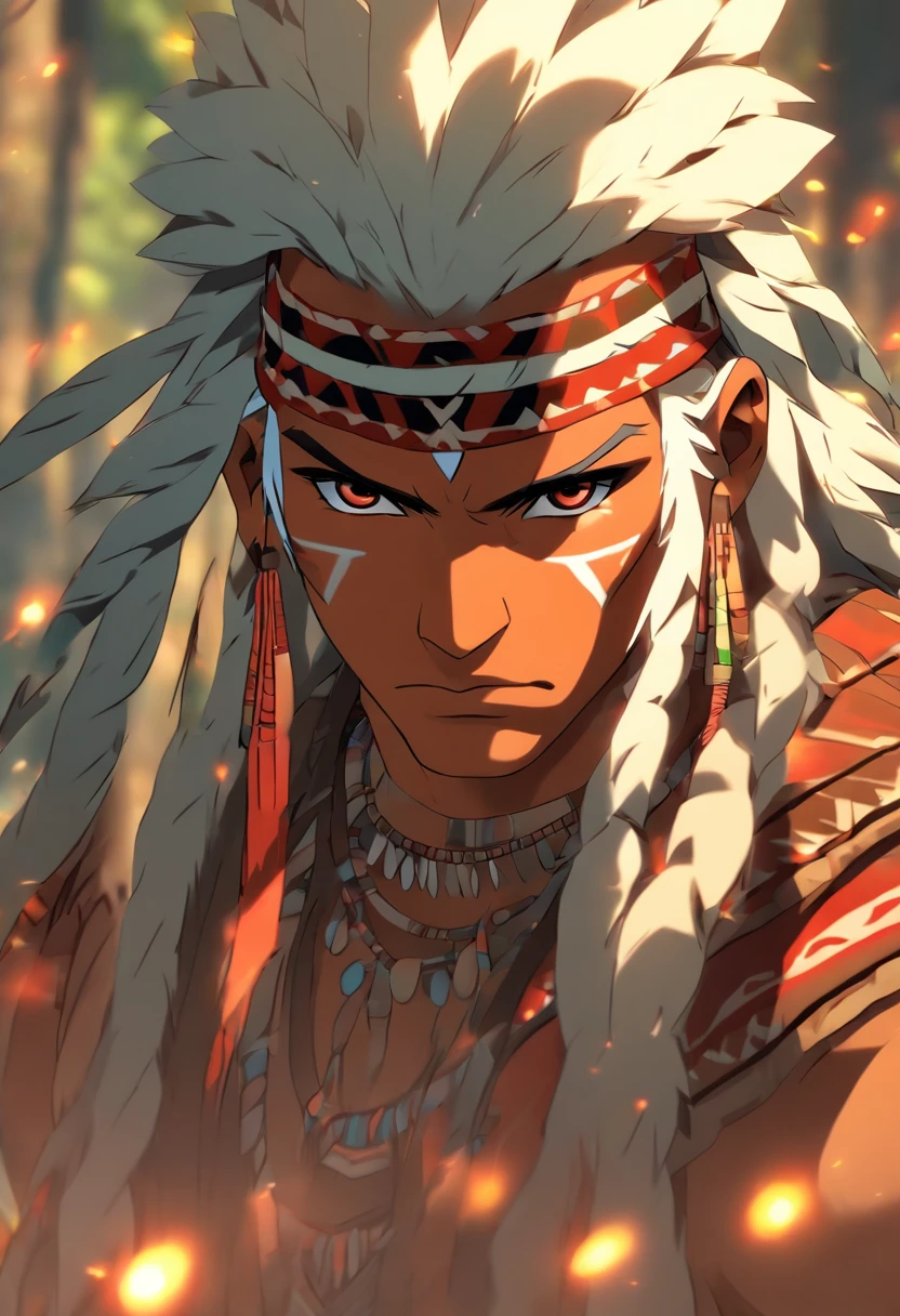 (((indigenous man))) best quality, very high resolution, detailed CG in 4K, masterpiece, Anhanga, white hair, amazon brazil, rivers, indigenous people, indigenous tribes, indigenous city, forest, aesthetics, beautiful image, centered on screen, full body