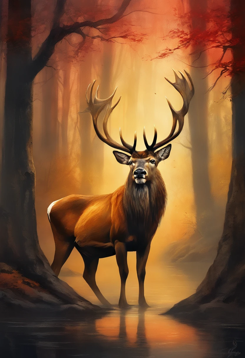 "((masterpiece)) red deer in the ((foggy)) ,((magical dark forest :1.2))at late dusk time, with ((strong dark shadows recommended for scene:1.2)), a glowing magical lion,golden glowing flowers ,((glowing butterfly )), beautiful magical style, golden water reflection,fierce, concept art, digital painting."