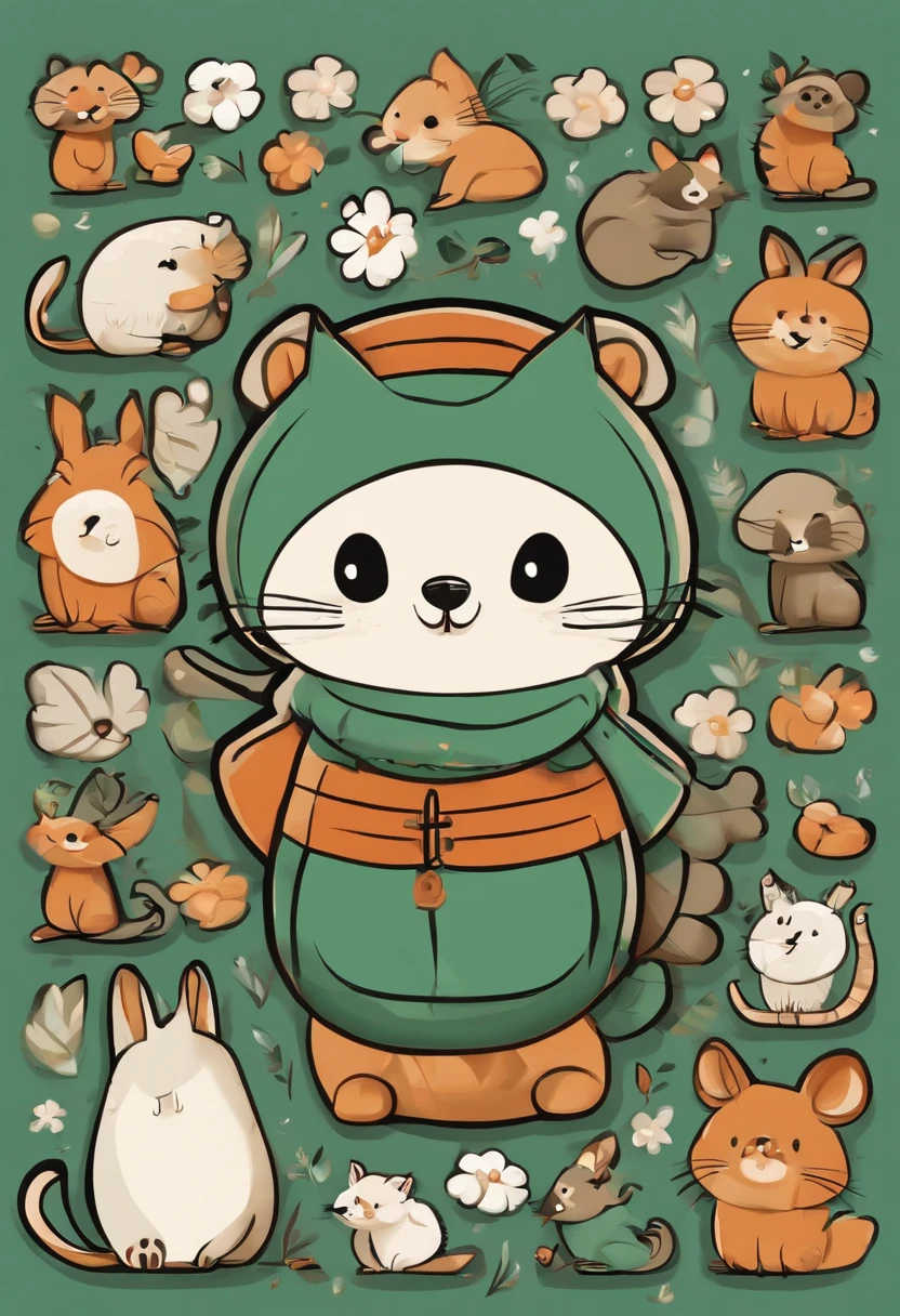 (Cartoon critters),adolable,(Sticker screen),Distributed typesetting,(Sticker style),Flat style,Rich in color,(Small animals)(With white edges),cute illustration,flatillustration,paper cut out,Dark green background,multi-detail,k hd
