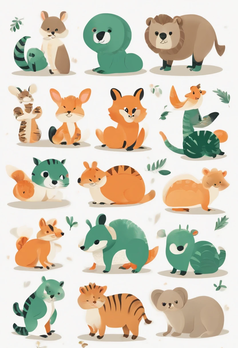 （Cartoon critters），adolable，（Sticker screen），Distributed typesetting，（Sticker style），Flat style，Rich in color，（Small animals）（With white edges），cute illustration，flatillustration，paper cut out，Dark green background，multi-detail，k hd