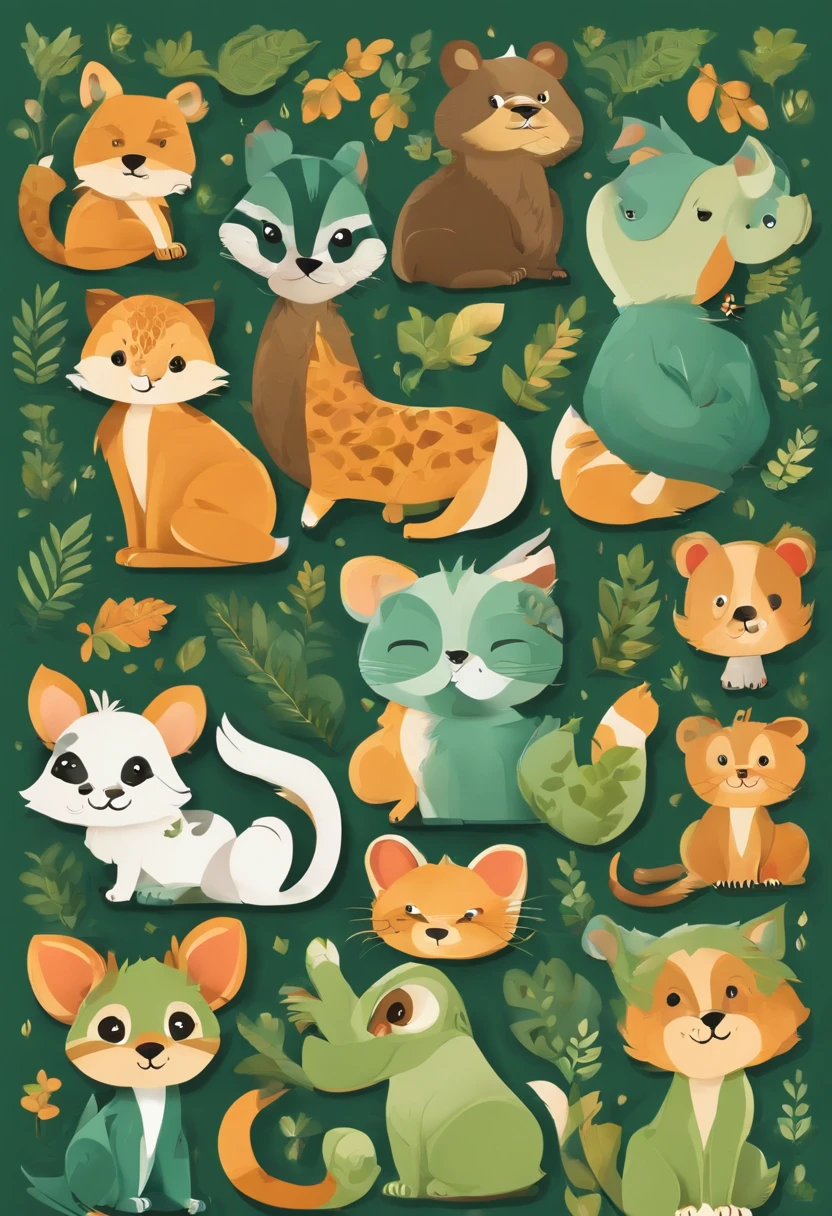 (Cartoon critters),adolable,(Sticker screen),Distributed typesetting,(Sticker style),Flat style,Rich in color,(Small animals)(With white edges),cute illustration,flatillustration,paper cut out,Dark green background,multi-detail,k hd