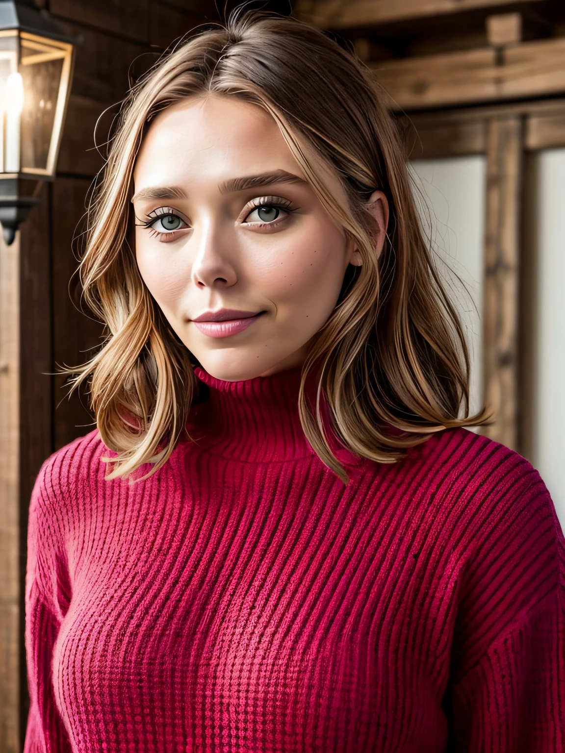(RAW-Stil, Meisterwerk, best quality, Ultra-detailliert), 28 Jahre alt Elizabeth Olsen postet im Freien, tiefer V-Pullover, large chest, Have a nice night, cheerful and happy, klarer Himmel, Analoger Stil, (Hautstruktur, Filmkorn), Filmisches Licht, Seitenbeleuchtung, ultra-high resolution