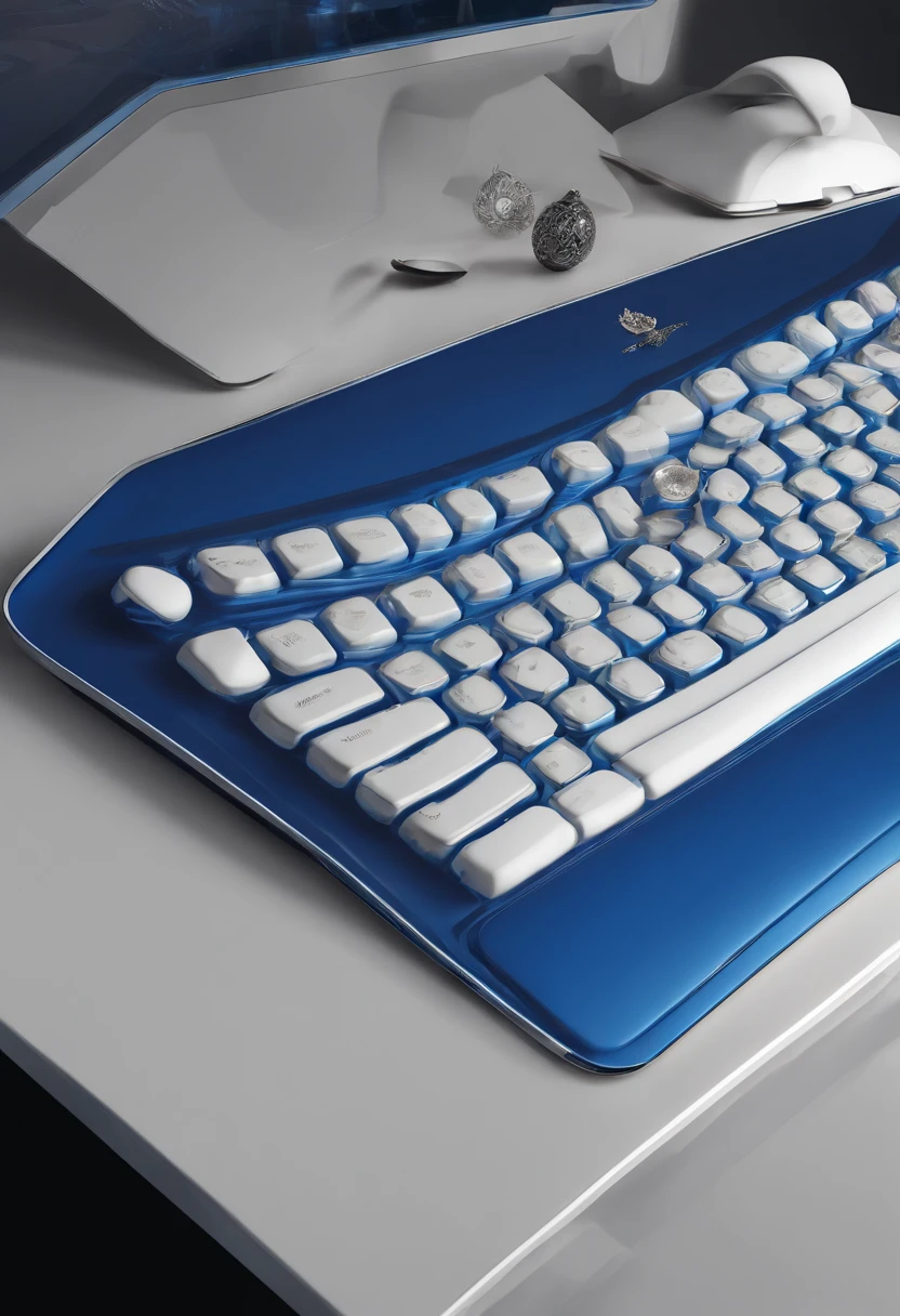 Blue and white porcelain,Ceramic keyboard，anaglyph，solid，artwork of a，Ornaments， high detail,3D， Chiaroscuro, Cinematic lighting, god light, Cinematic lighting, hyper HD, High details, Best quality, A high resolution, Textured skin