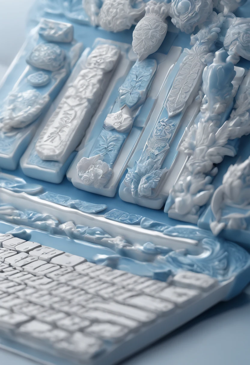 Blue and white porcelain,Ceramic keyboard,anaglyph,solid,artwork of a,Ornaments, high detail,3D, Chiaroscuro, Cinematic lighting, god light, Cinematic lighting, hyper HD, High details, Best quality, A high resolution, Textured skin