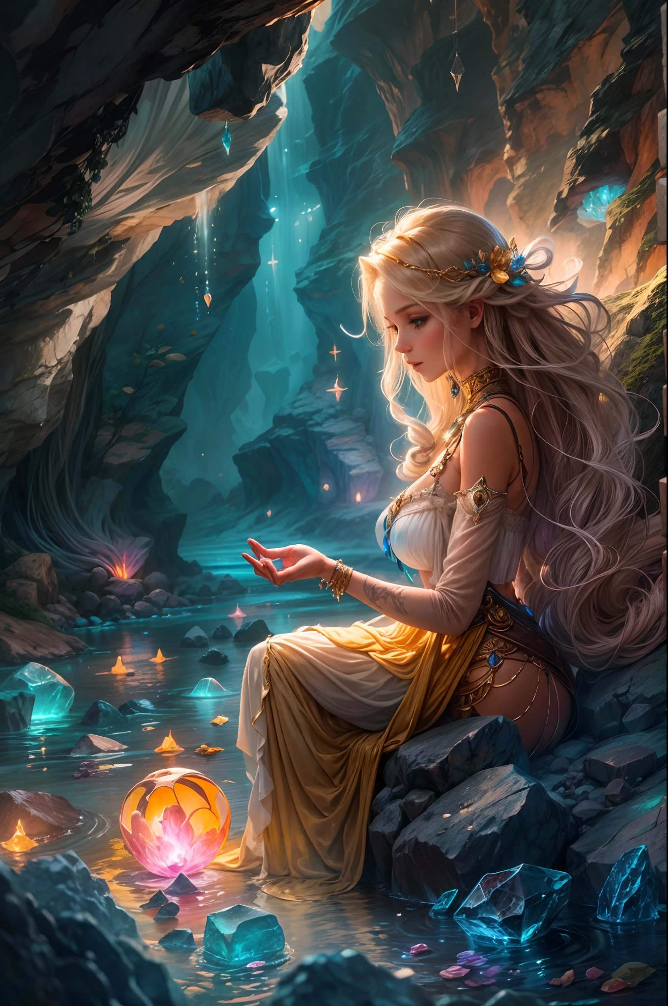 "Moonlit priestess, tropical oasis, magical pond, nocturnal mysteries, ethereal enchantment"