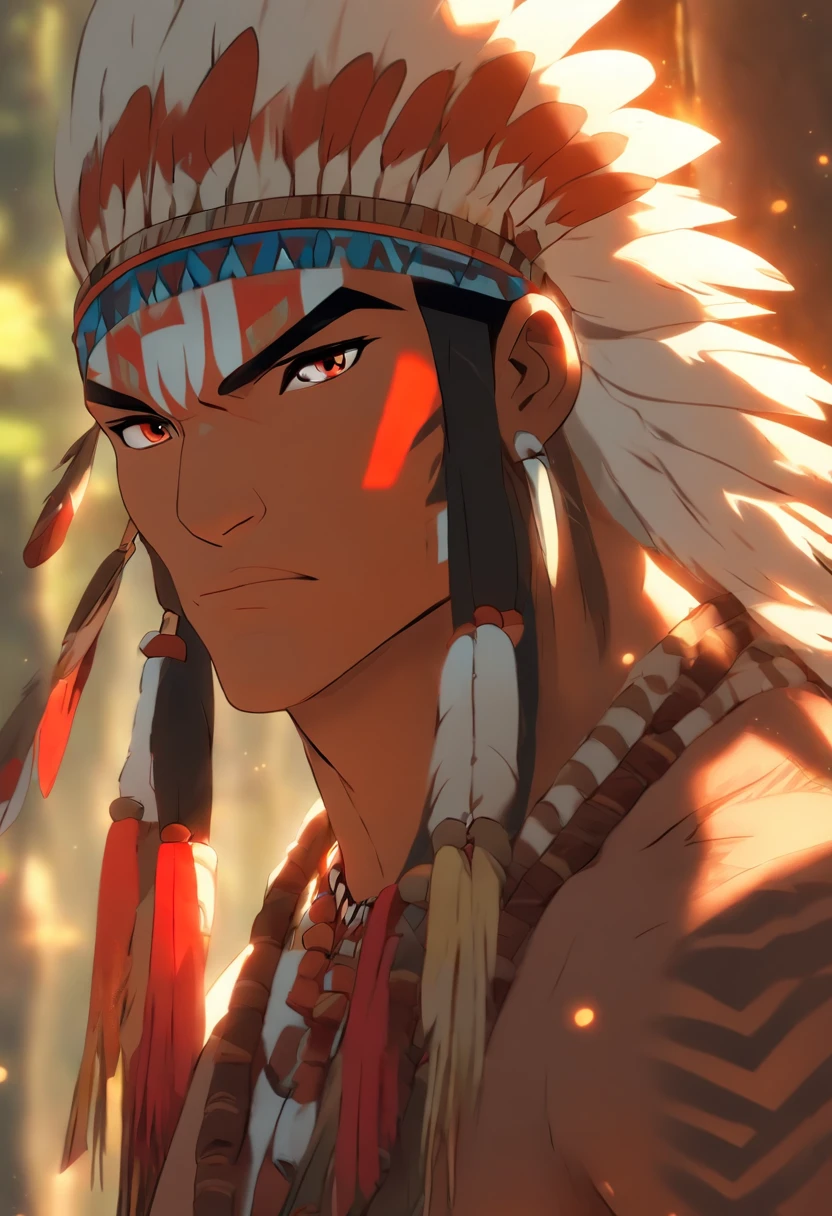 (((indigenous man))) best quality, very high resolution, detailed CG in 4K, masterpiece, Anhanga, white hair, amazon brazil, rivers, indigenous people, indigenous tribes, indigenous city, forest, aesthetics, beautiful image, centered on screen, full body