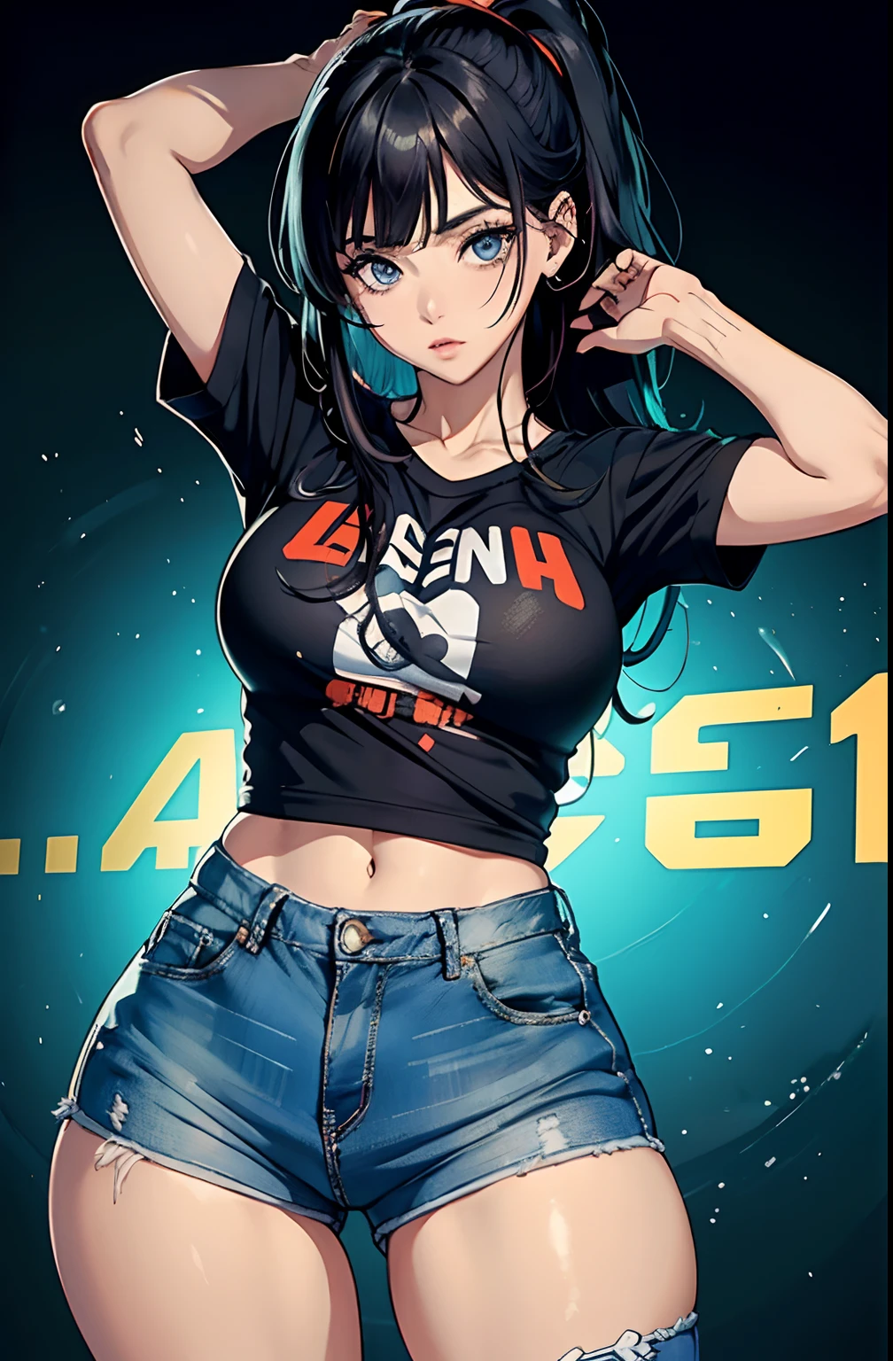 (Hinata Hyuga, muito sensual, com roupas apertadas, bunda grande, pernas grossas, Wearing extremely tight jeans, usando uma mini blusa, umbigo com pirsing, cabelo grande, Speaker behind, muito realista, extremamente sexy, 8k, 8k extremamente detalhado), (um extremamente delicado e bonito), (obra-prima), (melhor qualidade: 1.0), (ultra highres:1.0)