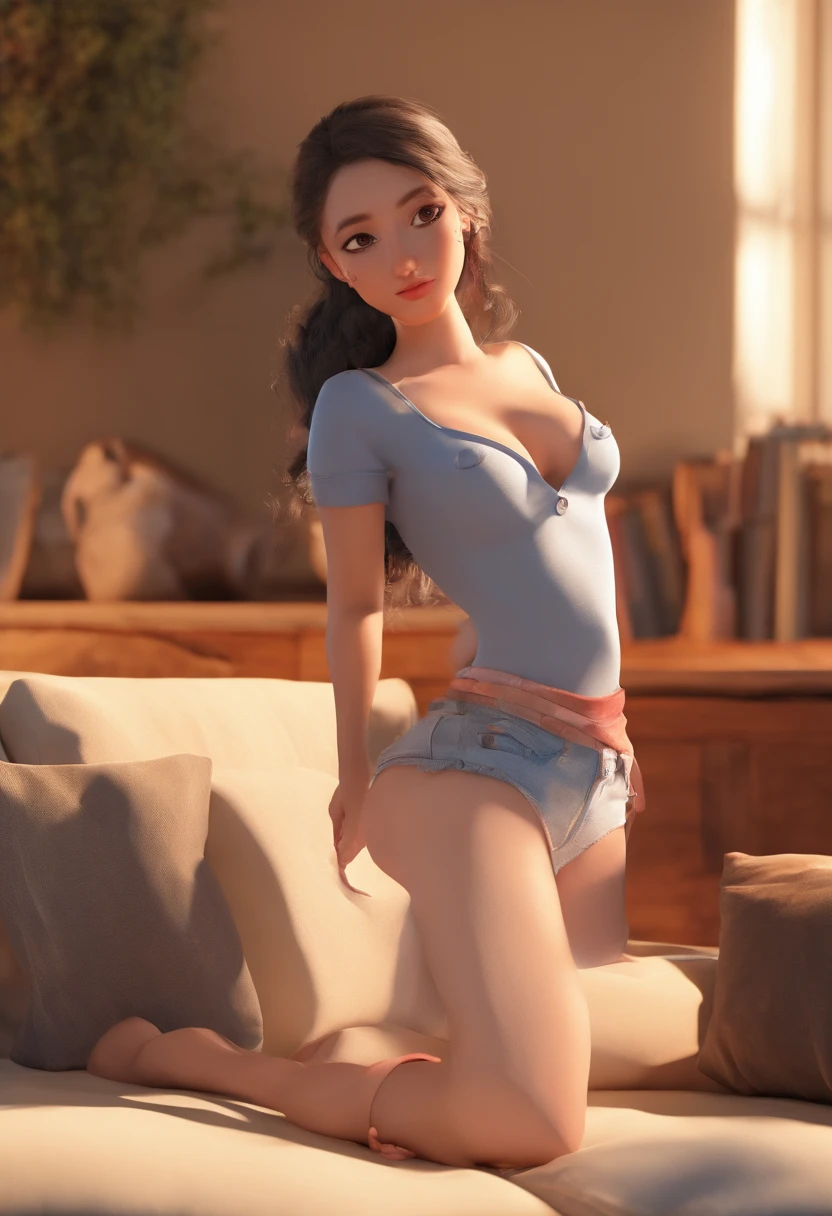 cowgirl style sex on sofa from first person view left hand of man is on girl's right boob right hand on girl's leg, girl wears a t-shirt but boobs are naked, the penis is not fully loaded and sperm flows on it, she looks into the eyes with sight full of love
