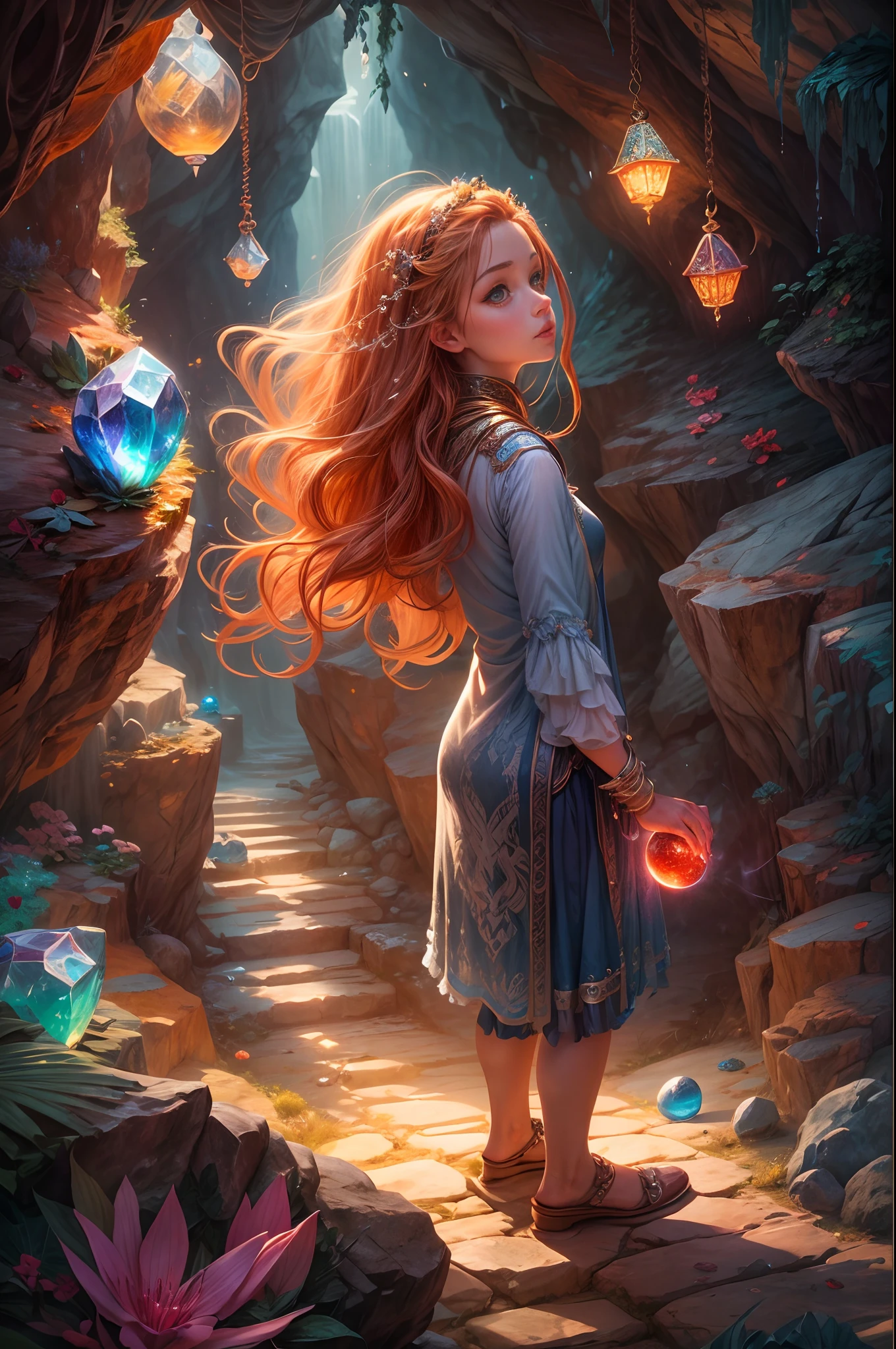 "In the heart of the Cave of Wonders, a girl with flowing hair explores the breathtaking underground grotto. She is surrounded by enormous, glistening gemstones, their vivid colors casting a magical allure. The play of light and shadows adds depth and mystery to the scene.