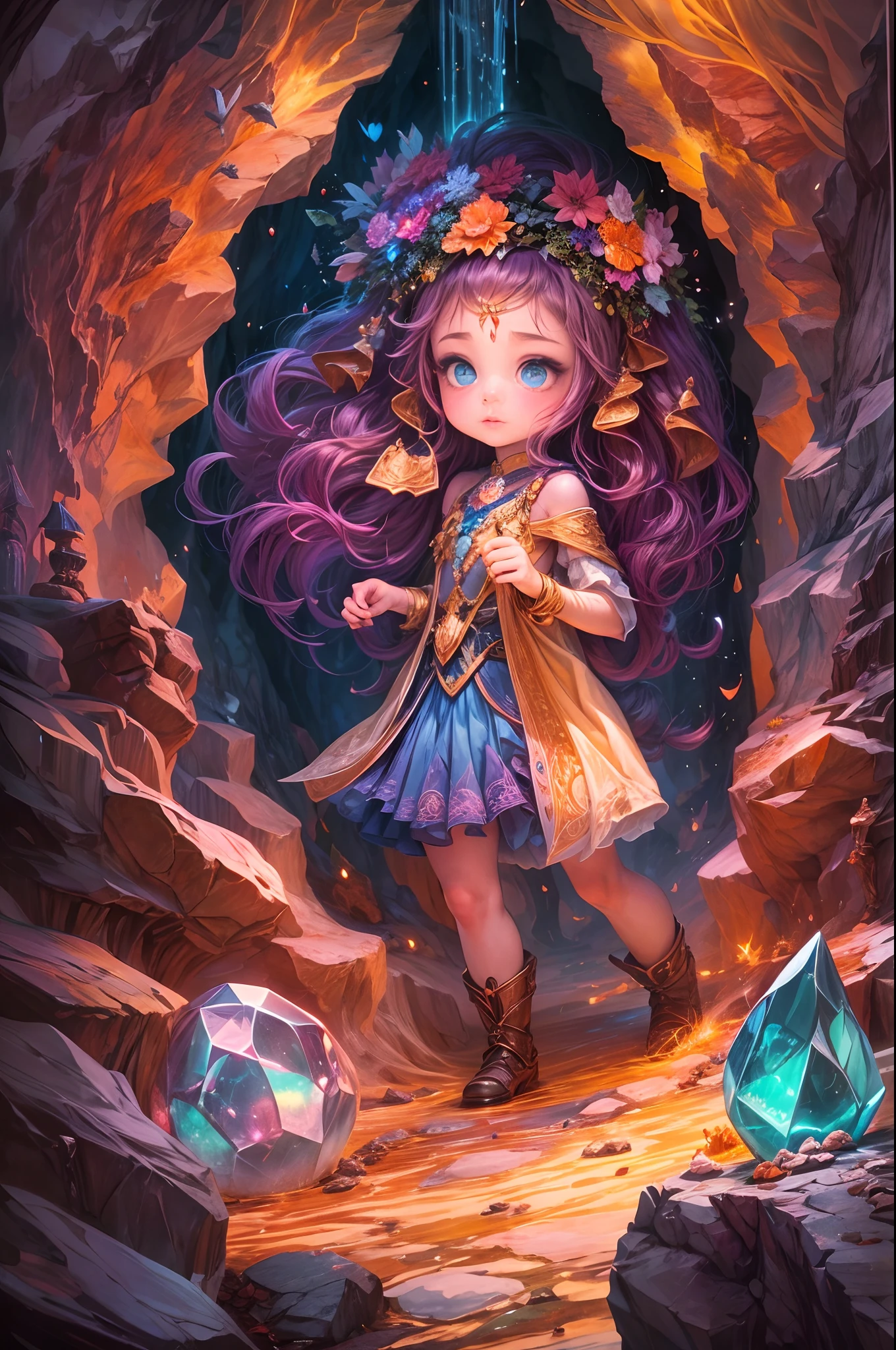 "In the heart of the Cave of Wonders, a girl with flowing hair explores the breathtaking underground grotto. She is surrounded by enormous, glistening gemstones, their vivid colors casting a magical allure. The play of light and shadows adds depth and mystery to the scene.