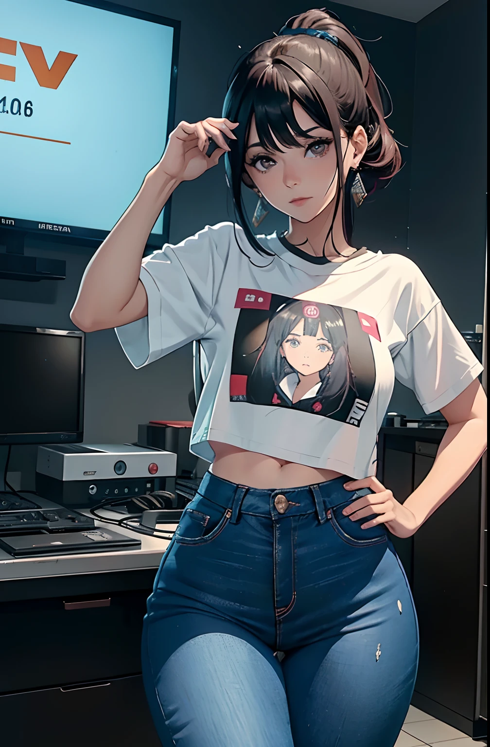 (Hinata Hyuga, muito sensual, com roupas apertadas, bunda grande, pernas grossas, Wearing extremely tight jeans, usando uma mini blusa, umbigo com pirsing, cabelo grande, Speaker behind, muito realista, extremamente sexy, 8k, 8k extremamente detalhado), (um extremamente delicado e bonito), (obra-prima), (melhor qualidade: 1.0), (ultra highres:1.0)