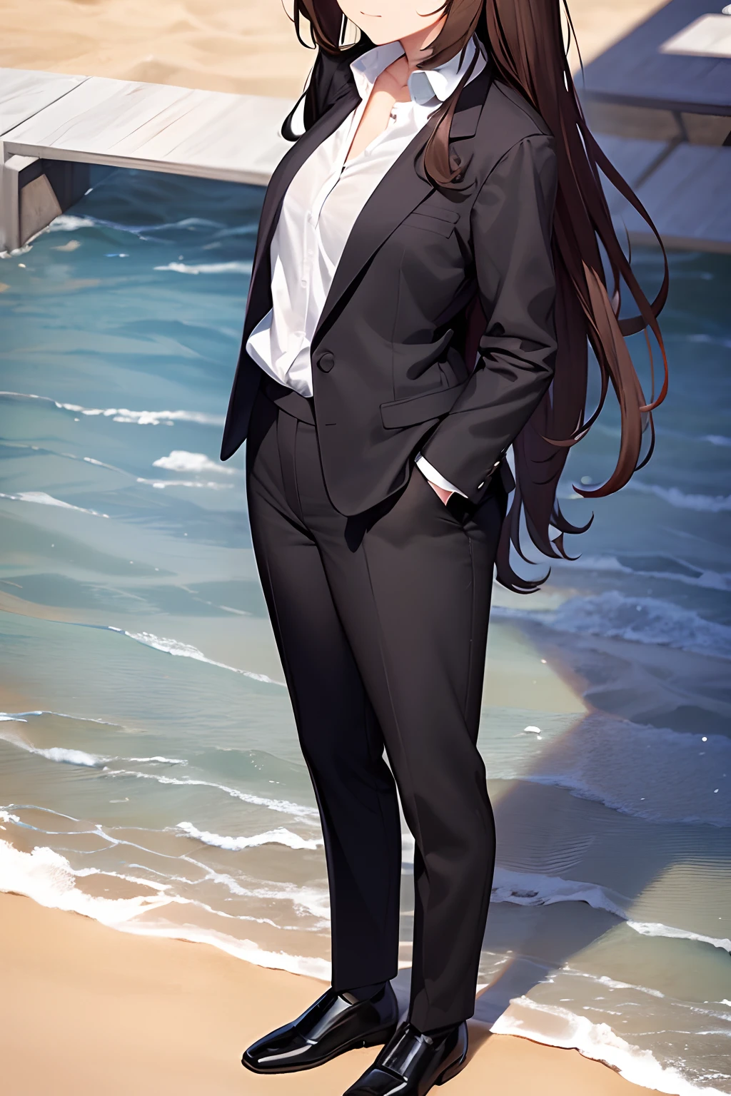 1girl, suit, beach, office lady, black pants, black blazer, brown hair, long hair, teenager, full body,