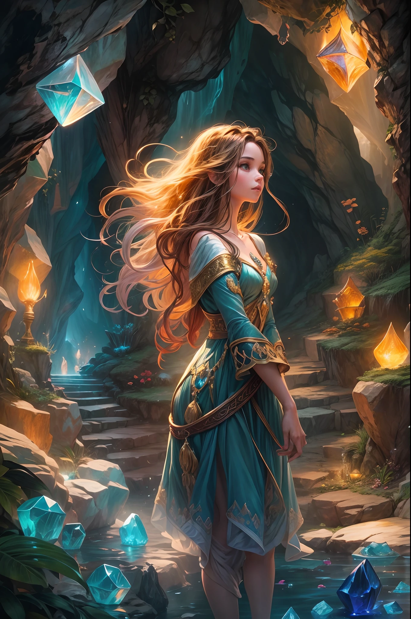 "In the heart of the Cave of Wonders, a girl with flowing hair explores the breathtaking underground grotto. She is surrounded by enormous, glistening gemstones, their vivid colors casting a magical allure. The play of light and shadows adds depth and mystery to the scene.