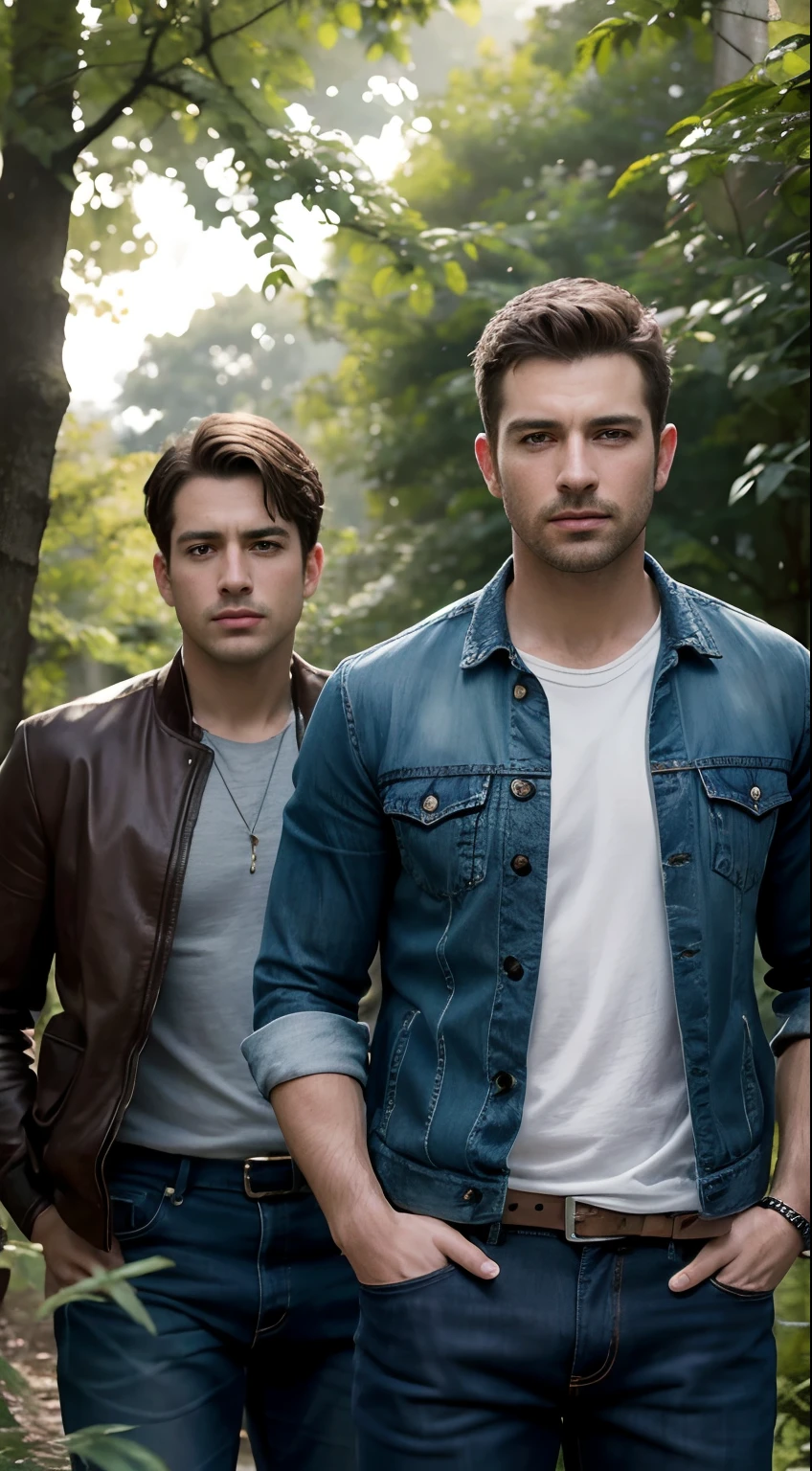 (best quality,4k,8k,highres,masterpiece:1.2),ultra-detailed,(realistic,photorealistic,photo-realistic:1.37),three men wearing jeans jackets stand under a tree. The sunlight shines through the leaves, casting beautiful light and shadow patterns on their faces. The texture of their denim jackets is clearly visible, with every stitch and detail rendered in sharp focus. The portrait captures the maturity and character in their faces, highlighting the lines and contours. The scene is surrounded by lush greenery, with vibrant and vivid colors that bring the image to life. [HDR] enhances the dynamic range and depth of the colors, creating a visually stunning effect.