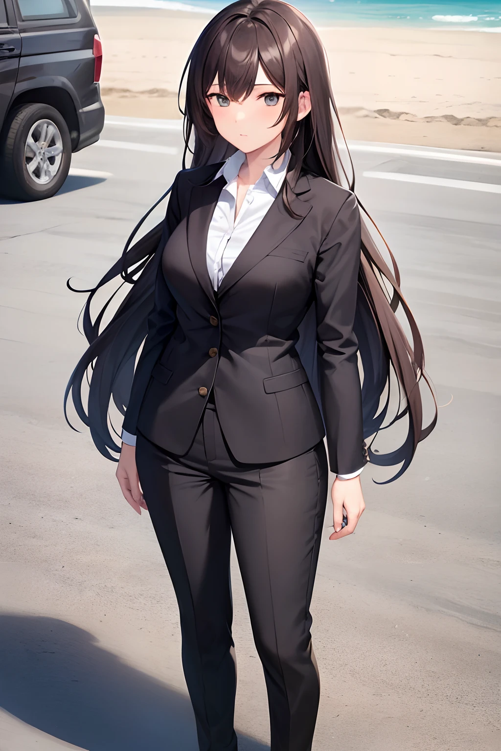 1girl, suit, beach, office lady, black pants, black blazer, brown hair, long hair, teenager, full body,