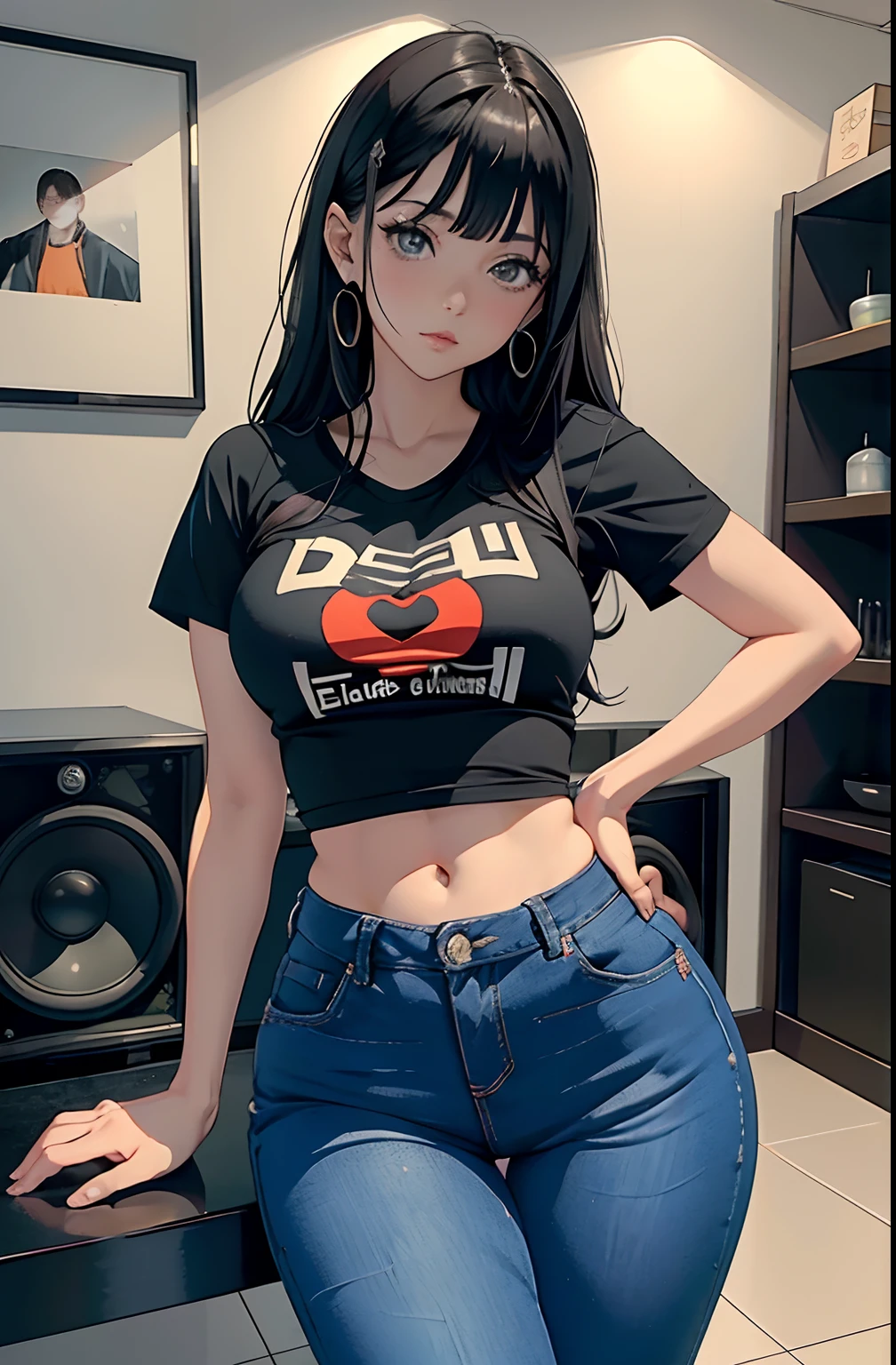 (Hinata Hyuga, muito sensual, com roupas apertadas, bunda grande, pernas grossas, Wearing extremely tight jeans, usando uma mini blusa, umbigo com pirsing, cabelo grande, Speaker behind, muito realista, extremamente sexy, 8k, 8k extremamente detalhado), (um extremamente delicado e bonito), (obra-prima), (melhor qualidade: 1.0), (ultra highres:1.0)