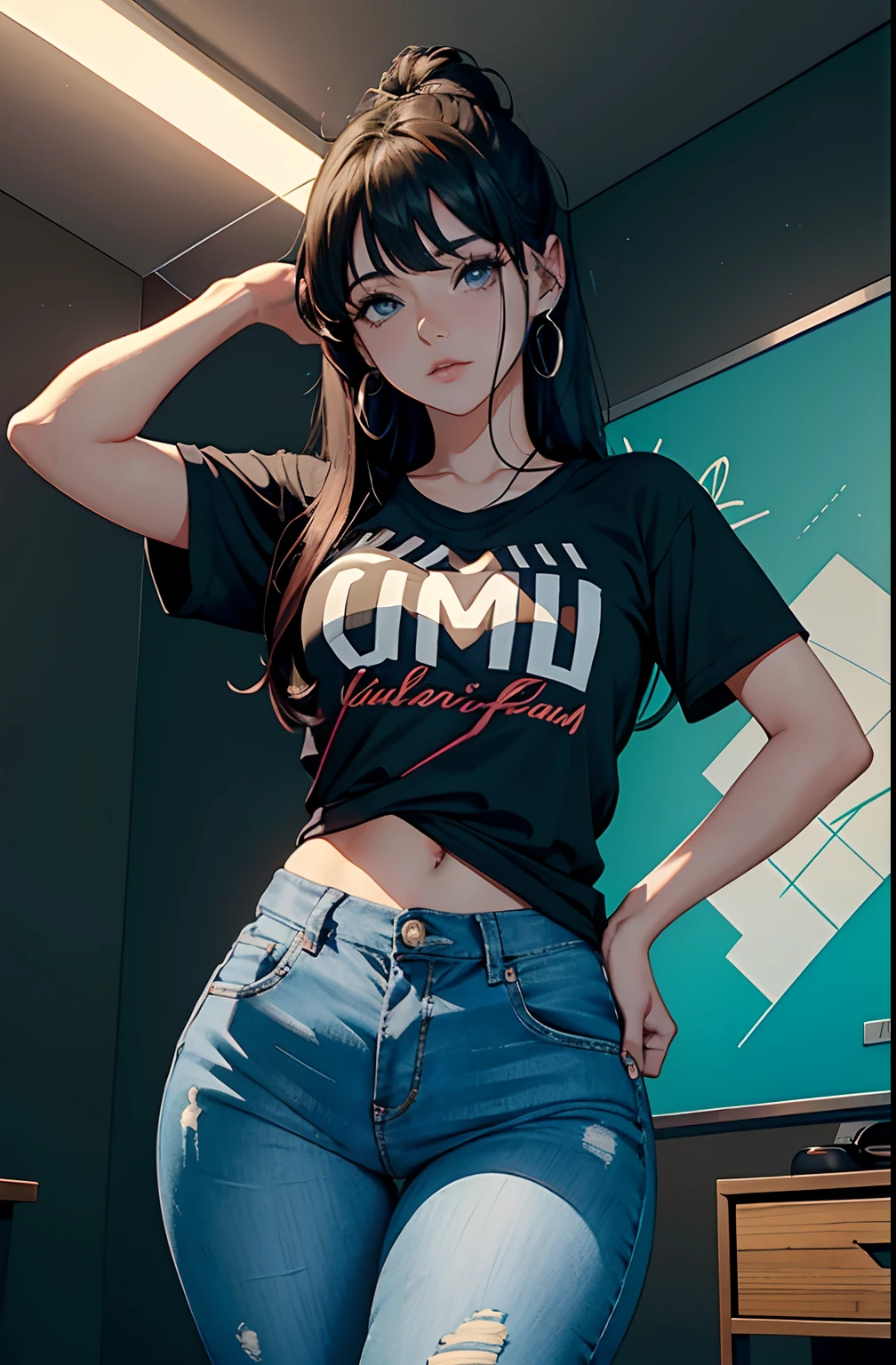 (Hinata Hyuga, muito sensual, com roupas apertadas, bunda grande, pernas grossas, Wearing extremely tight jeans, usando uma mini blusa, umbigo com pirsing, cabelo grande, Speaker behind, muito realista, extremamente sexy, 8k, 8k extremamente detalhado), (um extremamente delicado e bonito), (obra-prima), (melhor qualidade: 1.0), (ultra highres:1.0)