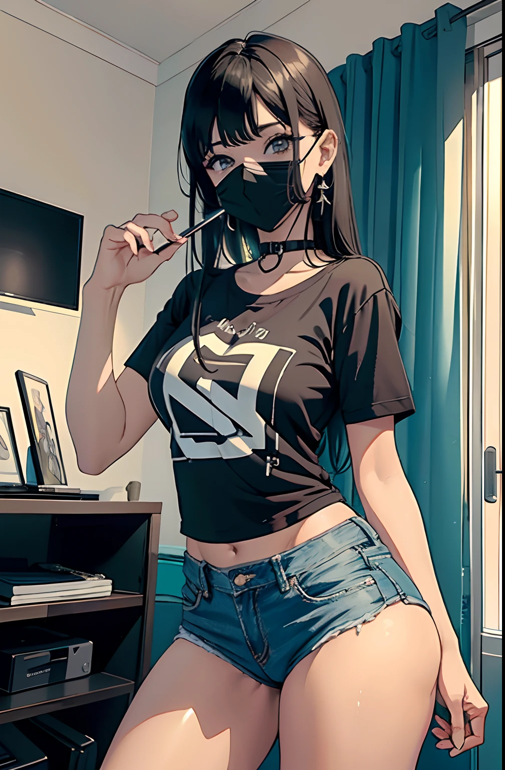 (Hinata Hyuga, muito sensual, com roupas apertadas, bunda grande, pernas grossas, Wearing extremely tight jeans, usando uma mini blusa, umbigo com pirsing, cabelo grande, Speaker behind, muito realista, extremamente sexy, 8k, 8k extremamente detalhado), (um extremamente delicado e bonito), (obra-prima), (melhor qualidade: 1.0), (ultra highres:1.0)