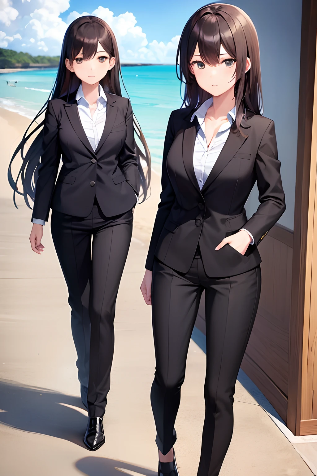 1girl, suit, beach, office lady, black pants, black blazer, brown hair, long hair, teenager, full body,