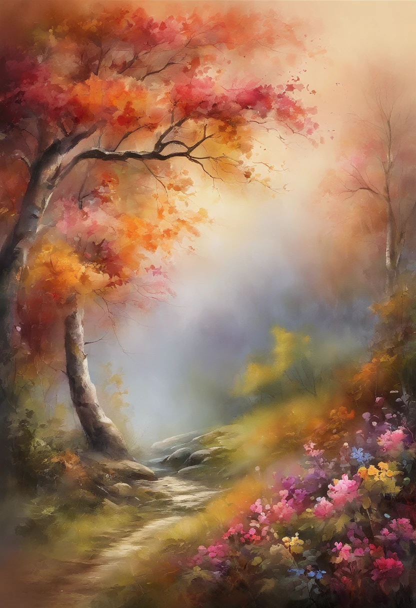 Colorsplash, the romance between a young couple immersed in the beauty of nature. Detailed digital art and exquisite painting techniques bring their love story to life. The stunning floral background features a delicate gradient that adds depth and allure, highly detailed, hd, 2k, 4k, 8k, 16k,32k64k,ultra render