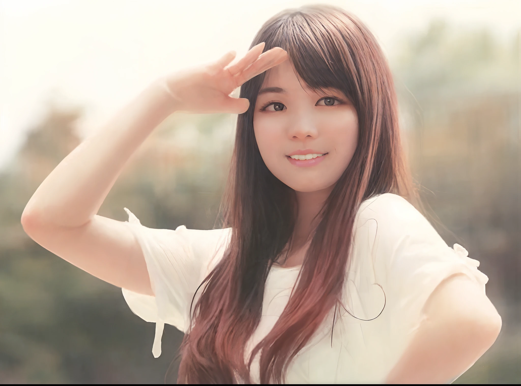 Draw a beautiful and lovely Asian woman. Her face is very similar to the character in the original picture. The background is a park. The picture should look very high-definition.