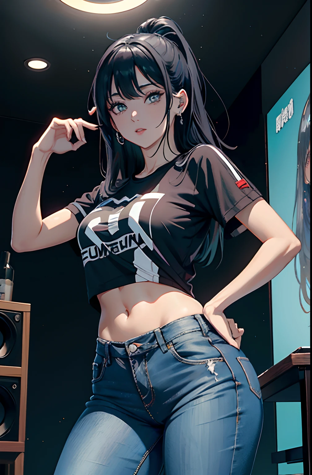 (Hinata Hyuga, muito sensual, com roupas apertadas, bunda grande, pernas grossas, Wearing extremely tight jeans, usando uma mini blusa, umbigo com pirsing, cabelo grande, Speaker behind, muito realista, extremamente sexy, 8k, 8k extremamente detalhado), (um extremamente delicado e bonito), (obra-prima), (melhor qualidade: 1.0), (ultra highres:1.0)