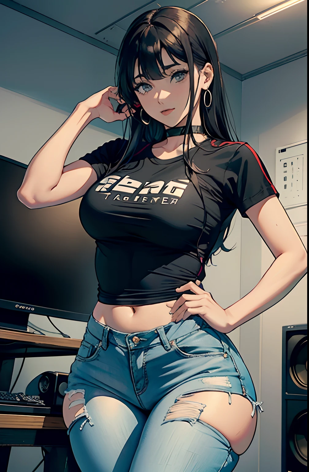 (Hinata Hyuga, muito sensual, com roupas apertadas, bunda grande, pernas grossas, Wearing extremely tight jeans, usando uma mini blusa, umbigo com pirsing, cabelo grande, Speaker behind, muito realista, extremamente sexy, 8k, 8k extremamente detalhado), (um extremamente delicado e bonito), (obra-prima), (melhor qualidade: 1.0), (ultra highres:1.0)