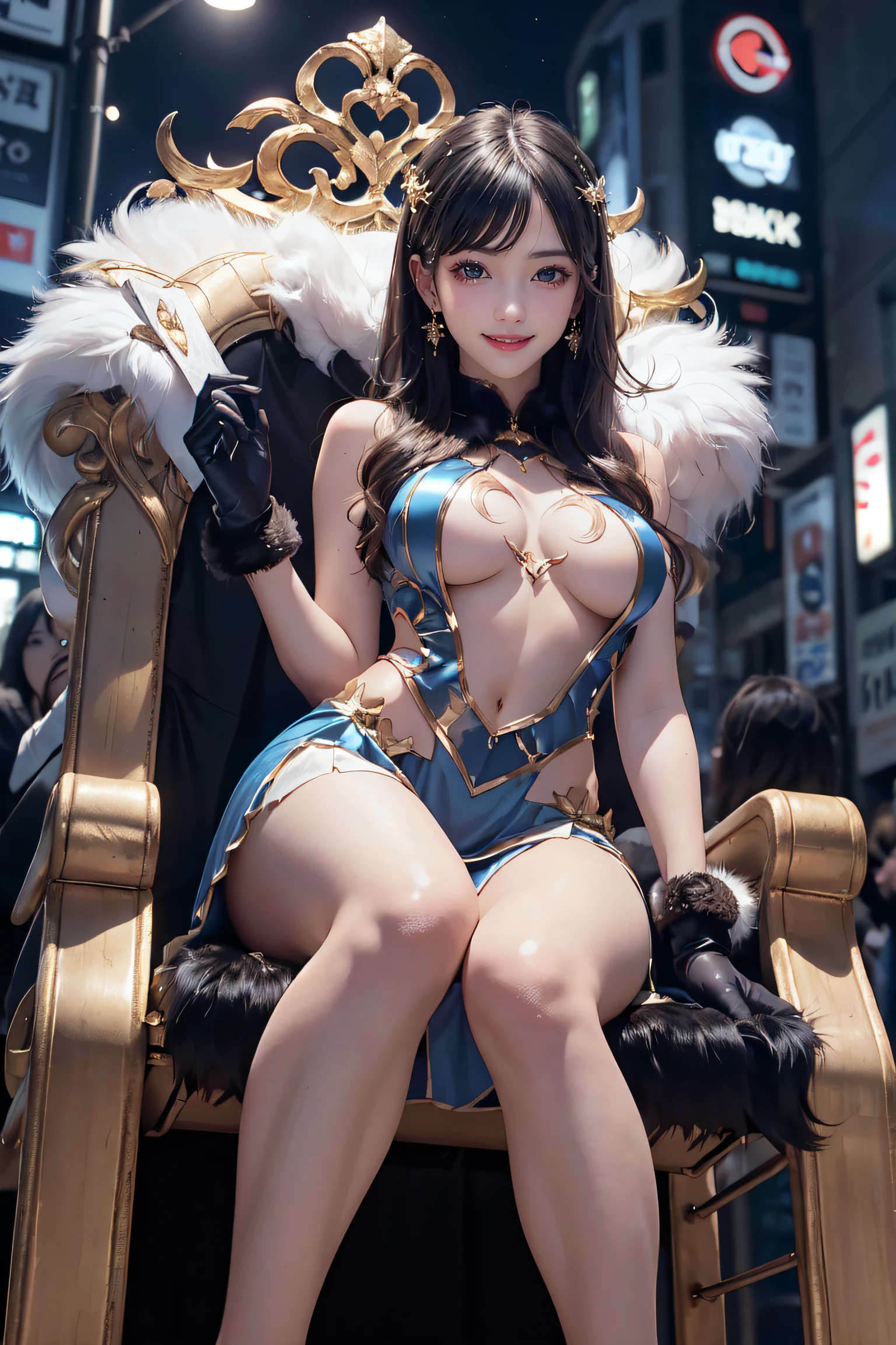 masterpiece, top-quality, top-quality, Beautifully Aesthetic:1.2, ((1girl, solo):1.5), party night, ((Wearing a high-quality heart-shaped cutout Blue costume of fur, gloves, A fluffy fur mini skirt):1.2), (Silver pin heels:1.1), high detailed,
BREAK
(Sitting on the Luxury chair with Showing underboob:1.3), large breasts, firm breast, nicely shaped breasts, slender figure,
((Dark Brown Hair)), wavy hair, (medium long hair:1.2),
BREAK
((in the middle of very crowded Shibuya's scramble crossing at late night)), ((Surrounded by many people wearing various costumes)), (Full body shot:1.1), (From below:1.3), ((Focus on legs:1.1)),