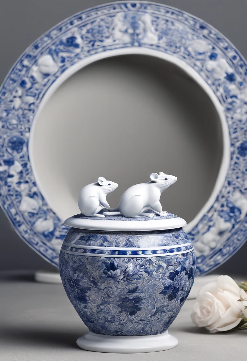 Blue and white porcelain,Ceramic mouse,artwork of a,Ornaments, high detail,3D, Chiaroscuro, Cinematic lighting, god light, Cinematic lighting, hyper HD, High details, Best quality, A high resolution, Textured skin