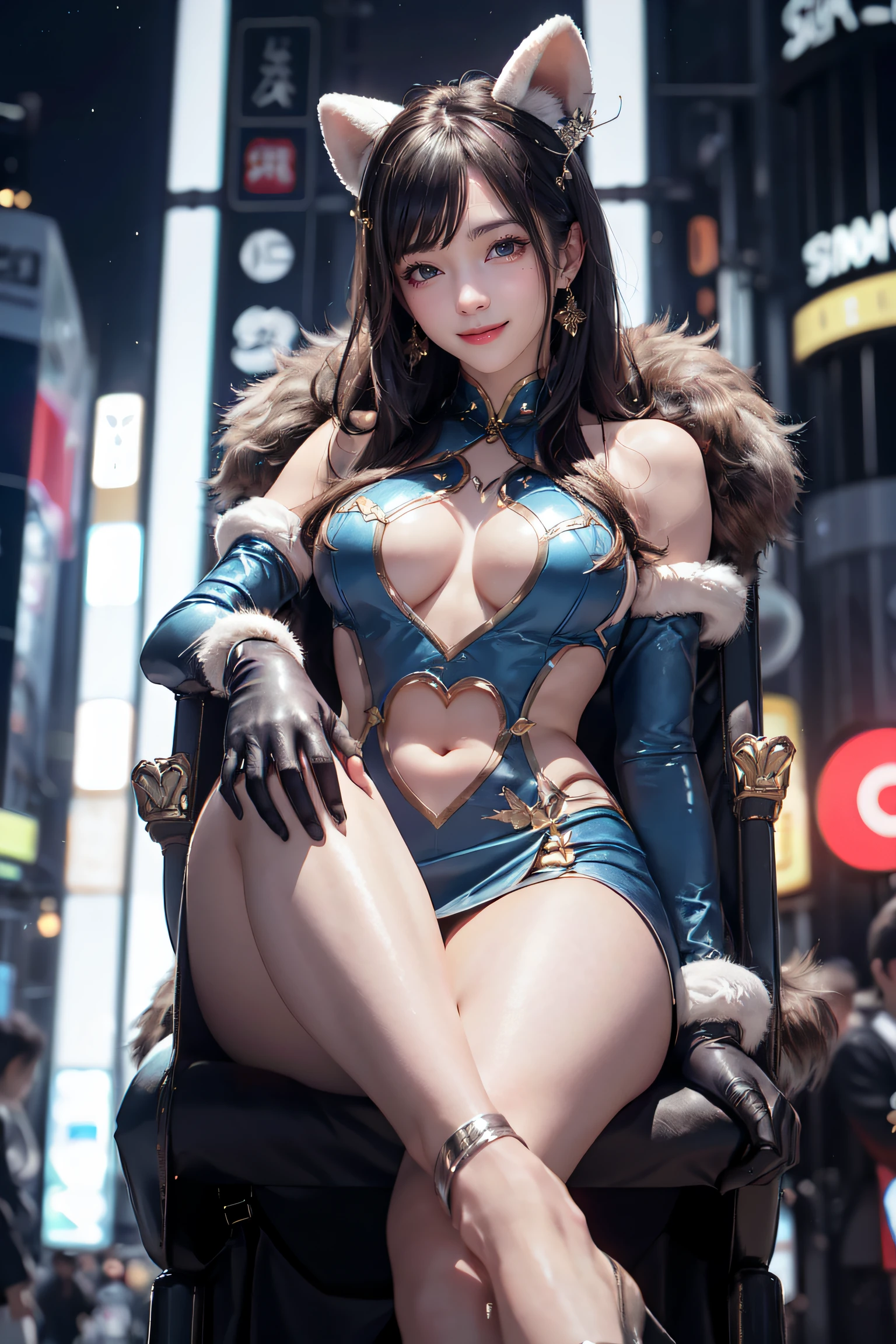 masterpiece, top-quality, top-quality, Beautifully Aesthetic:1.2, ((1girl, solo):1.5), party night, ((Wearing a high-quality heart-shaped cutout Blue costume of fur, gloves, A fluffy fur mini skirt):1.2), (Silver pin heels:1.1), high detailed,
BREAK
(Sitting on the Luxury chair with Showing underboob:1.3), large breasts, firm breast, nicely shaped breasts, slender figure,
((Dark Brown Hair)), wavy hair, (medium long hair:1.2),
BREAK
((in the middle of very crowded Shibuya's scramble crossing at late night)), ((Surrounded by many people wearing various costumes)), (Full body shot:1.1), (From below:1.3), ((Focus on legs:1.1)),