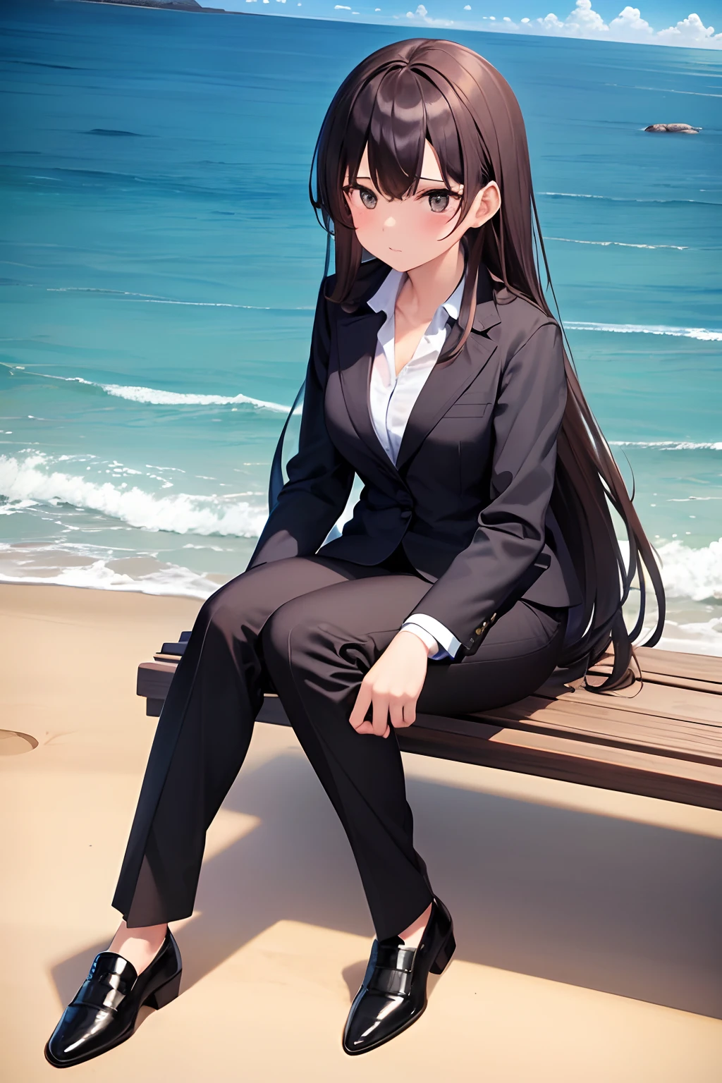 1girl, suit, beach, office lady, black pants, black blazer, brown hair, long hair, teenager, full body,