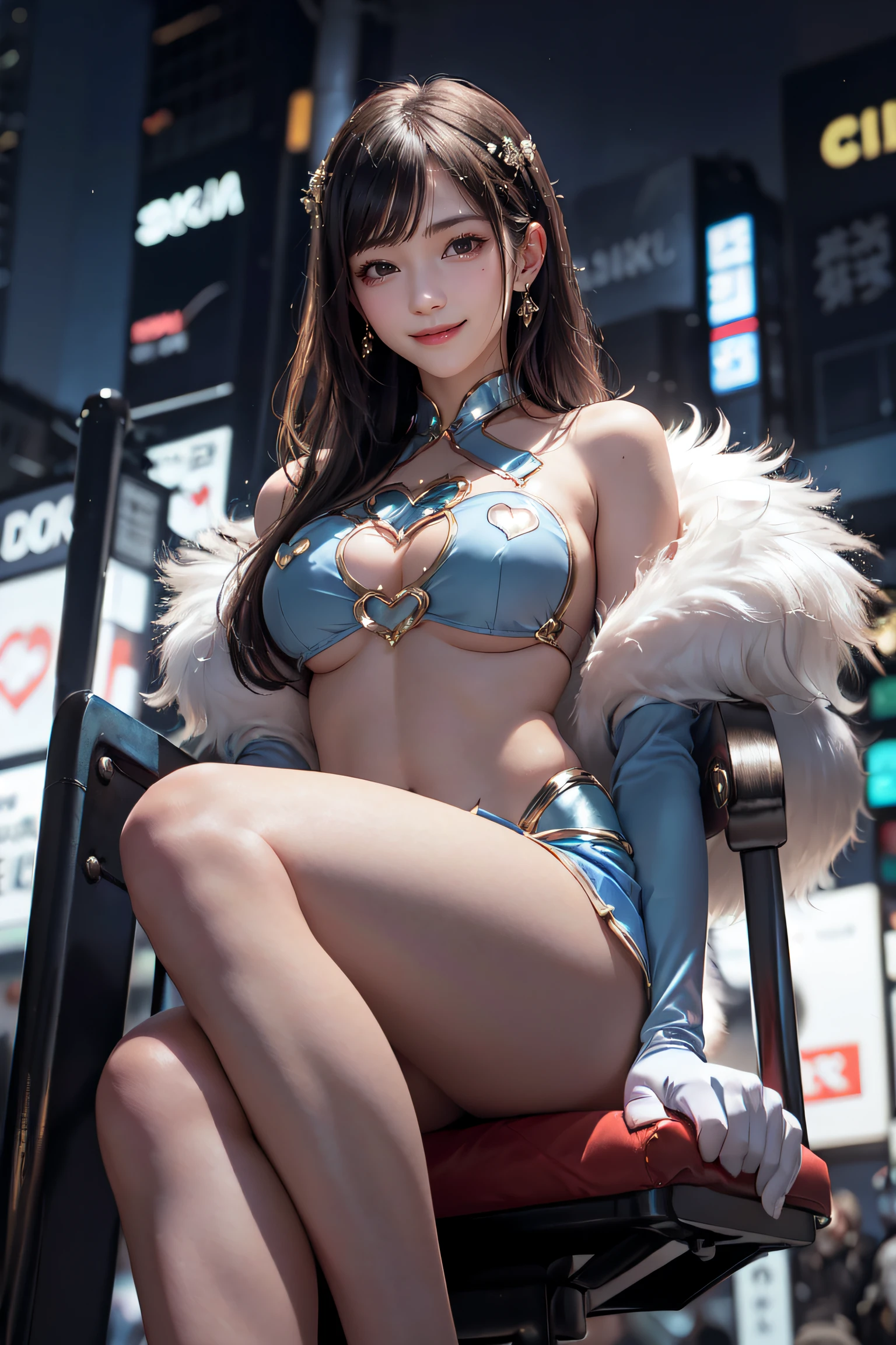 masterpiece, top-quality, top-quality, Beautifully Aesthetic:1.2, ((1girl, solo):1.5), party night, ((Wearing a high-quality heart-shaped cutout Blue costume of fur, gloves, A fluffy fur mini skirt):1.2), (Silver pin heels:1.1), high detailed,
BREAK
(Sitting on the Luxury chair with Showing underboob:1.3), large breasts, firm breast, nicely shaped breasts, slender figure,
((Dark Brown Hair)), wavy hair, (medium long hair:1.2),
BREAK
((in the middle of very crowded Shibuya's scramble crossing at late night)), ((Surrounded by many people wearing various costumes)), (Full body shot:1.1), (From below:1.3), ((Focus on legs:1.1)),