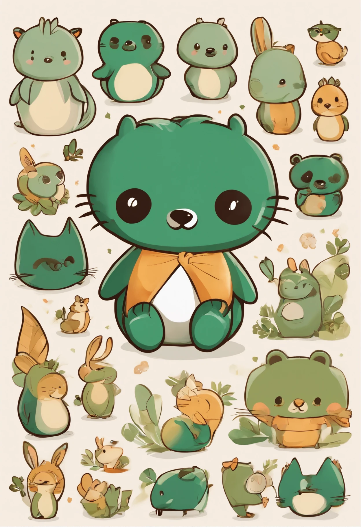 (Cartoon critters),adolable,(Sticker screen),Distributed typesetting,(Sticker style),Flat style,Rich in color,(Small animals)(With white edges),cute illustration,flatillustration,paper cut out,Dark green background,multi-detail,k hd
