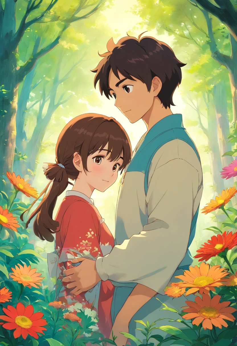 the romance between a young couple immersed in the beauty of nature. Detailed digital art and exquisite painting techniques bring their love story to life. The stunning floral background features a delicate gradient that adds depth and allure.