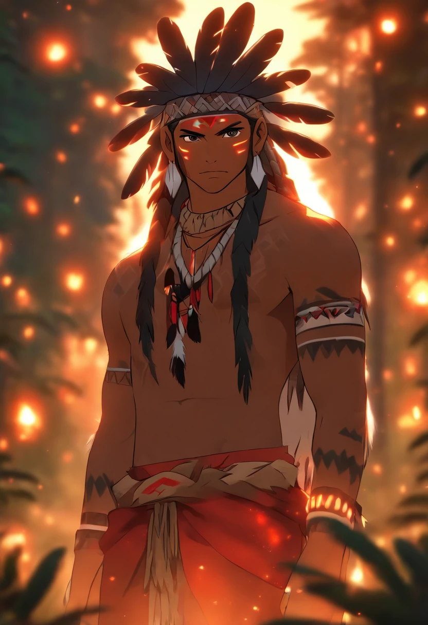 (((indigenous man))) best quality, very high resolution, detailed CG in 4K, masterpiece, white hair, amazon brazil, rivers, indigenous, indigenous tribes, indigenous city, forest, aesthetics, beautiful image, centered on the screen, full body