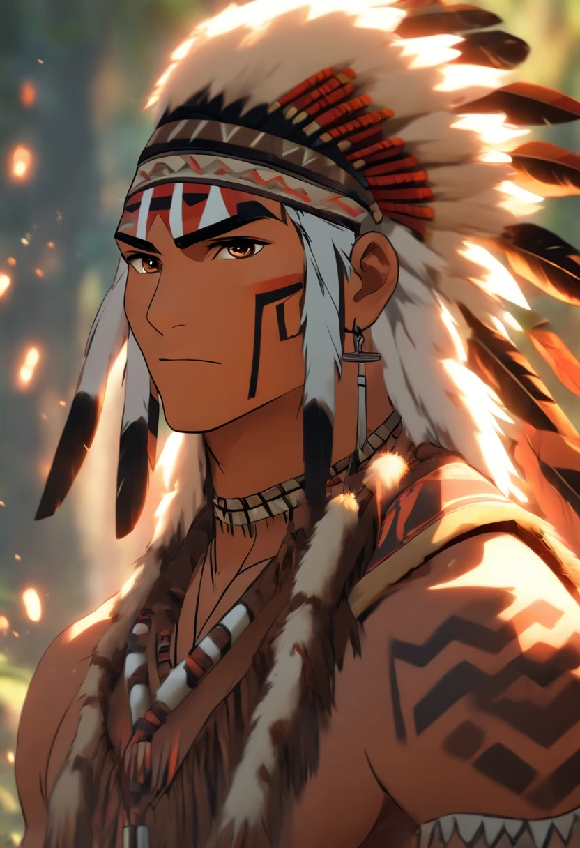(((indigenous man))) best quality, very high resolution, detailed CG in 4K, masterpiece, white hair, amazon brazil, rivers, indigenous, indigenous tribes, indigenous city, forest, aesthetics, beautiful image, centered on the screen, full body