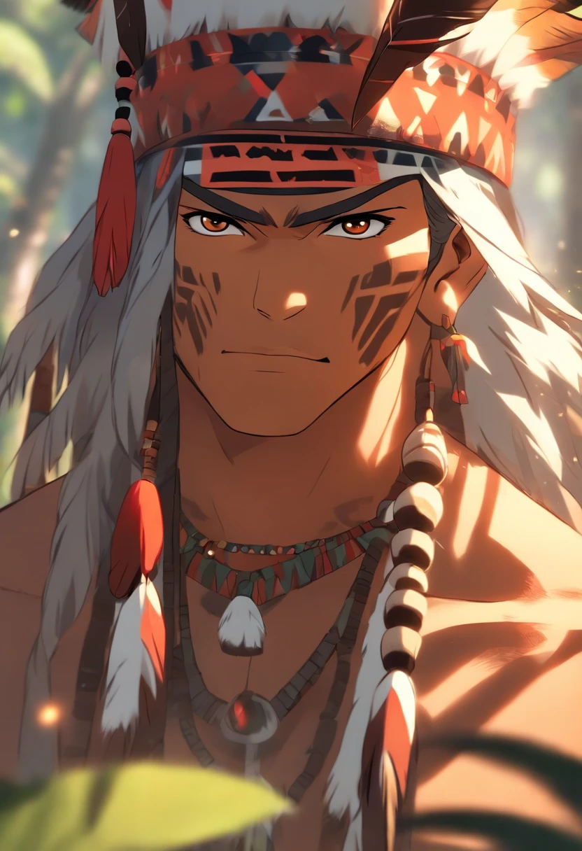 (((indigenous man))) best quality, very high resolution, detailed CG in 4K, masterpiece, white hair, amazon brazil, rivers, indigenous, indigenous tribes, indigenous city, forest, aesthetics, beautiful image, centered on the screen, full body