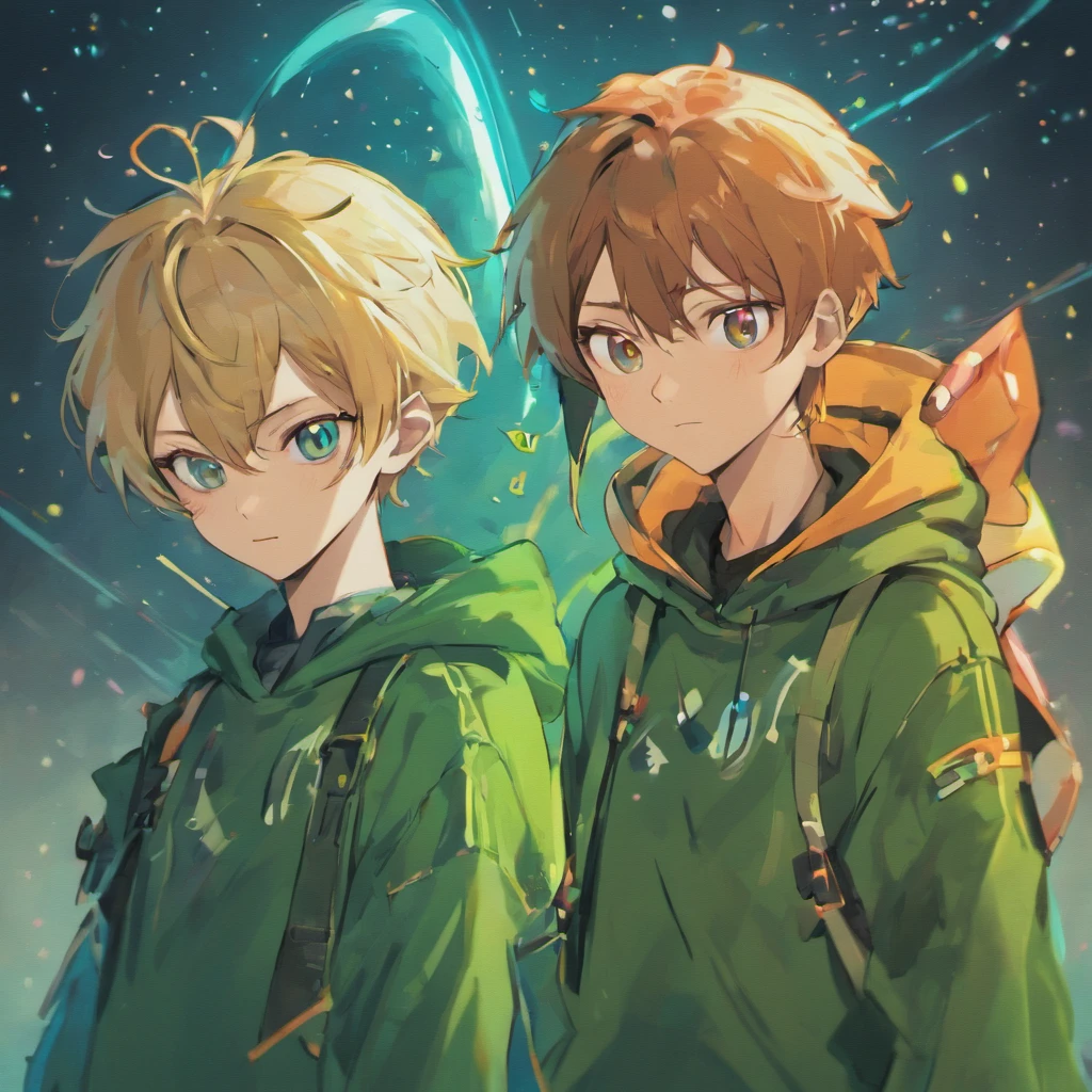 Generate a description of the main characters for the podcast cover of 'Galactic Giggles with P & Sigma.' P and Sigma are two male alien beings known for their sharp wit and humor. They view humans from a higher perspective and often make clever and condescending jests about human behavior and Earthly events. P and Sigma's humor styles include dry humor, sarcasm, irony, jokes, self-deprecation, absurdity, anecdotes, and wordplay. They should be depicted as male alien entities with a playful and mischievous aura, reflecting their unique comedic personalities. Describe their appearance, attire, and any distinctive features that capture their extraterrestrial nature and humorous demeanor.