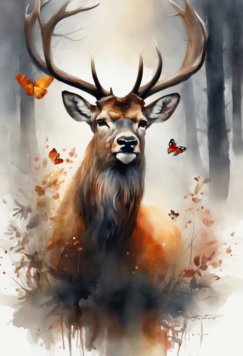 "((masterpiece)) red deer in the ((foggy)) ,((magical dark forest :1.2))at late dusk time, with ((strong dark shadows recommended for scene:1.2)), a glowing magical lion,golden glowing flowers ,((glowing butterfly )), beautiful magical style, golden water reflection,fierce, concept art, digital painting."