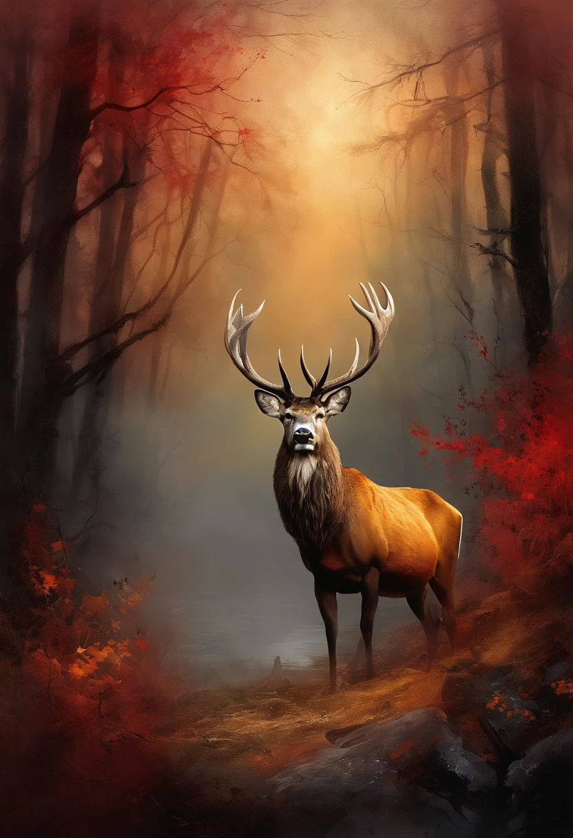 "((masterpiece)) red deer in the ((foggy)) ,((magical dark forest :1.2))at late dusk time, with ((strong dark shadows recommended for scene:1.2)), a glowing magical lion,golden glowing flowers ,((glowing butterfly )), beautiful magical style, golden water reflection,fierce, concept art, digital painting."