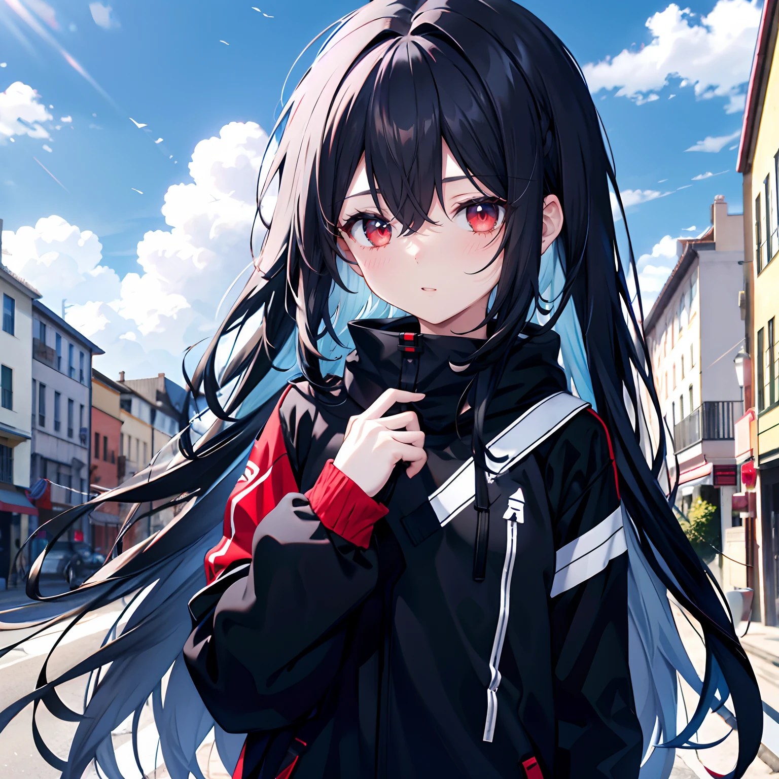 Black color hair，Red eyes，long whitr hair，teens girl，adolable，All body，Background street，with blue sky and white clouds，shyexpression