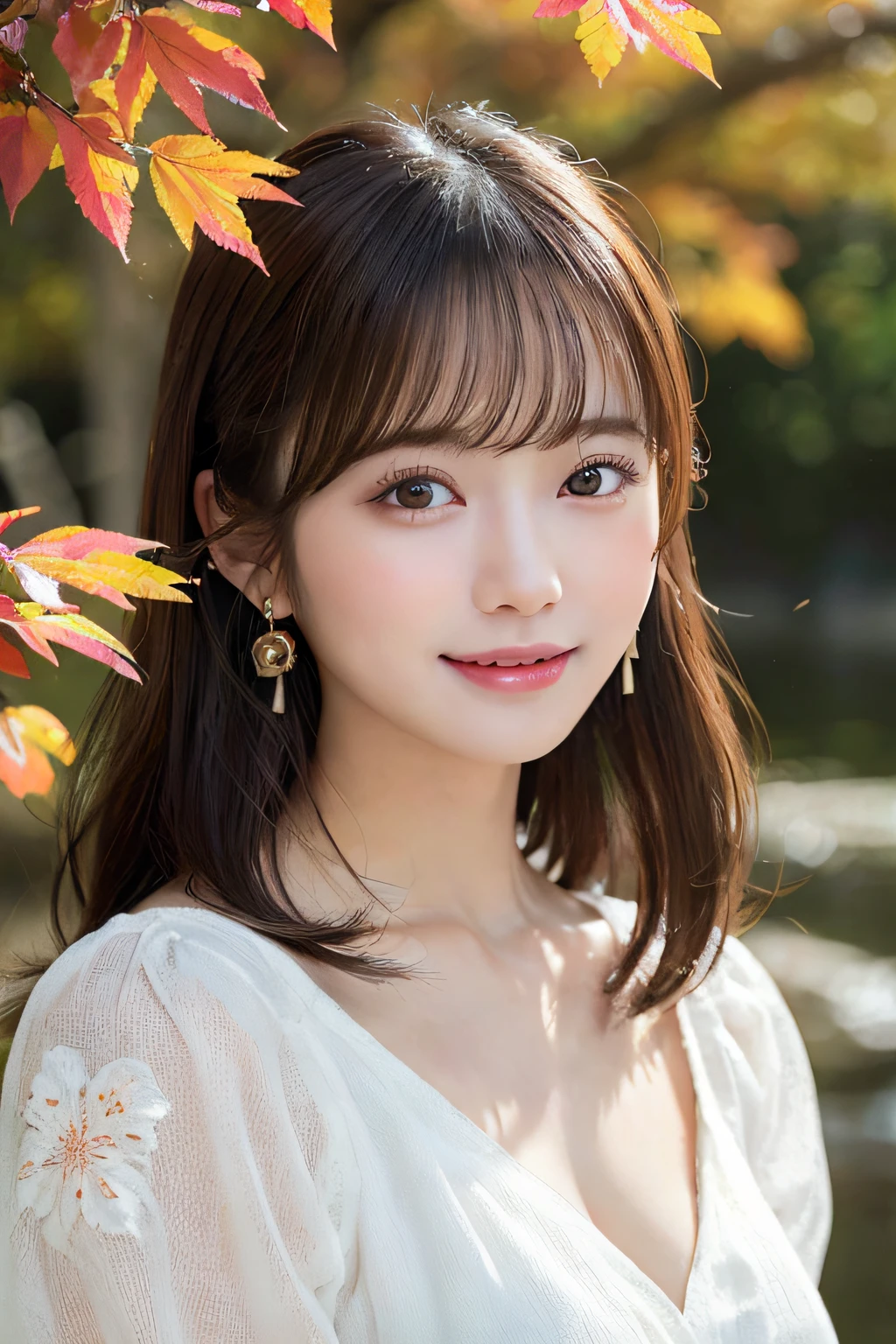 (A hyper-realistic), (illustratio), (hight resolution), (8K), (ighly detailed), (The best illustrations), (Beautiful detailed eyes), (top-quality), (ultra-detailliert), (​masterpiece), (wall-paper), (详细的脸), (beautiful smiling face)、(beautiful countenance)、long、Earrings with bangs、独奏、(((Cute Japan Beautiful Girl)))、  Japan beautiful girl 25 years old))、 ((Baby face))、(((G Cup Big)))agitation、real looking skin、Hair fluttering in the wind、date、autumnal、Colored leaves、Beautiful autumn background、Make love、Cute clothes