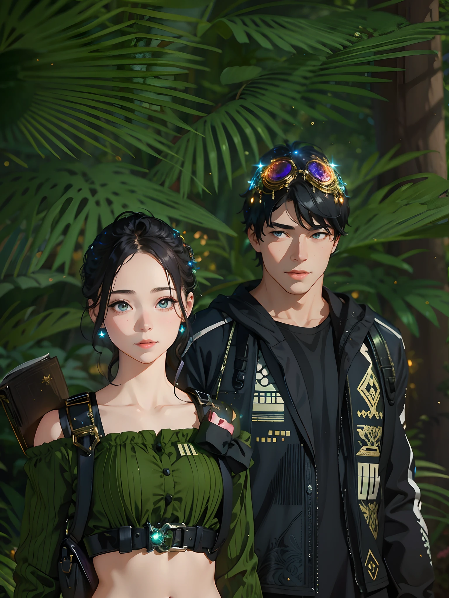 1girls, 1boys ,looking at the camera ,Simper smile, High-definition image, a woman, her hair adorned with glowing fireflies, eyes shimmering with enchantment. Dressed in a gown made from woven moonlight, she stands in a mystical forest where trees come to life. The scene, bathed in the ethereal glow of the fireflies, captured in the style of a magical forest artwork., (masterpiece, best quality, official art,intricate details:1.2)
