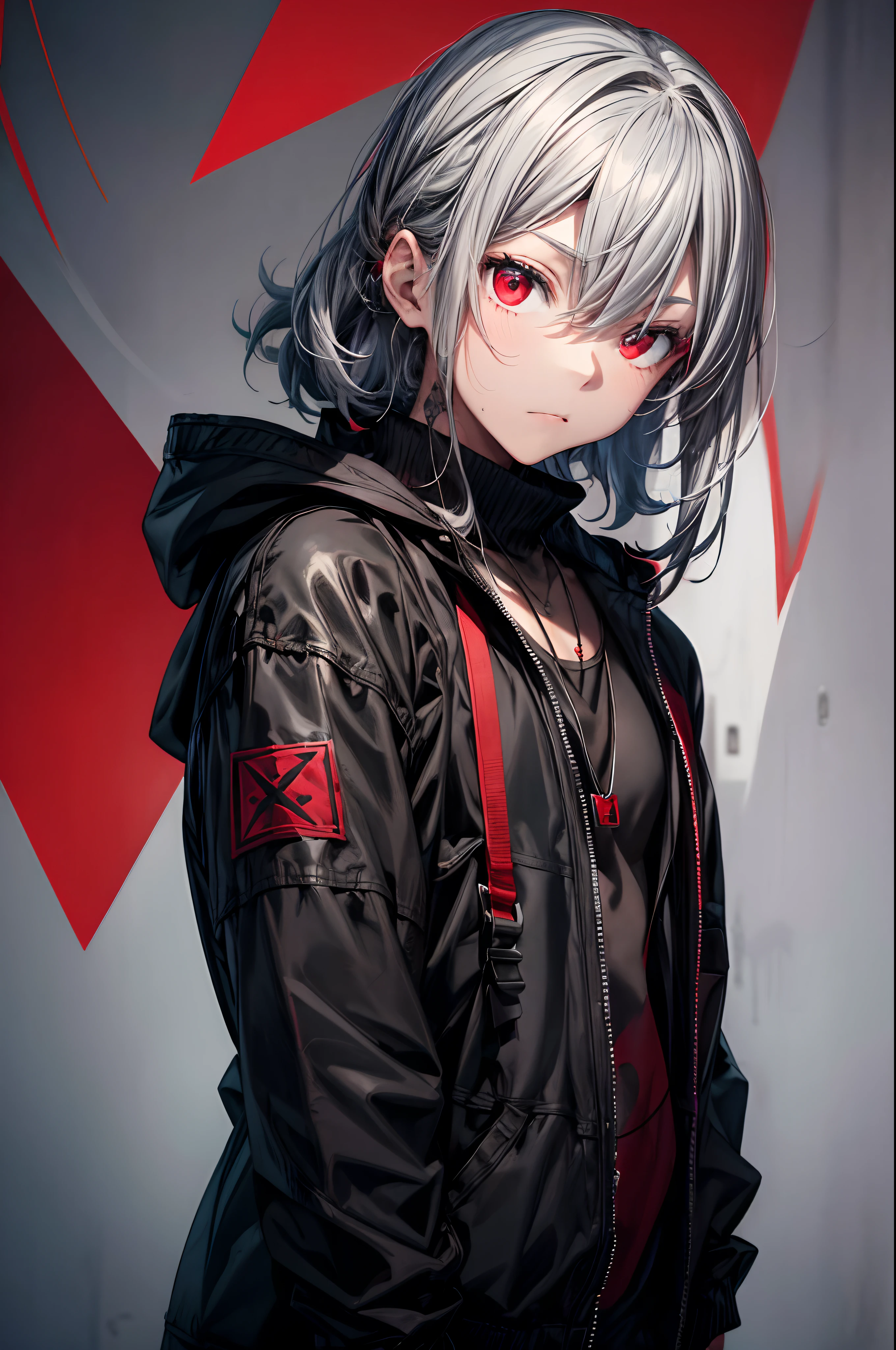 Young man with gray hair and red eyes wearing a black hood and jacket. The background is red with black lines and shapes. The young man has fingers to his lips and a tattoo on his hand. He wears a red pendant necklace and a red and black bracelet on his wrist. His jacket has red and black straps and buckles. The overall mood is dark and mysterious.
