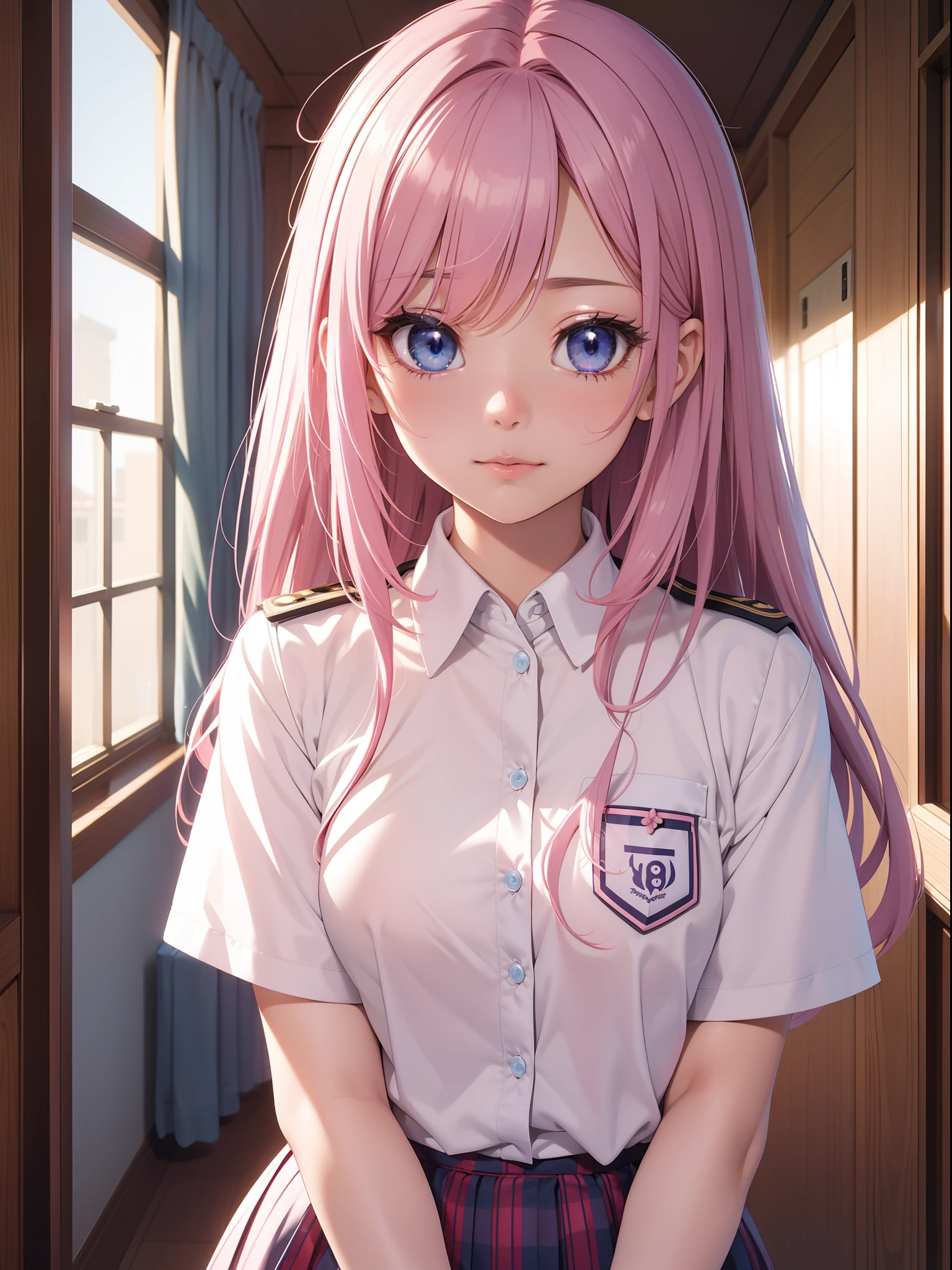 Official art、Top quality ultra-detailed CG art、The most beautiful girl in the world:1.2)、Seira Uniform、Pink hair、a room、年轻、kawaii、Student Council President、blue eyess、