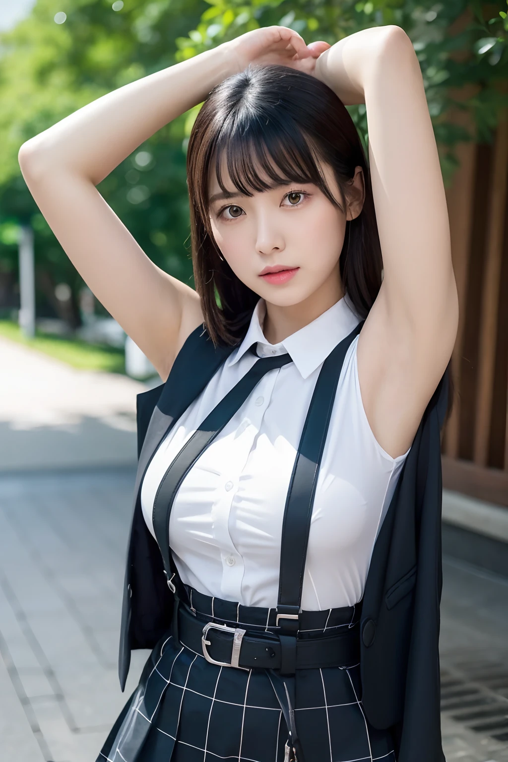 (masutepiece:1.2),High quality,vivd colour,flat-colors,Deep Depth Of Field,Lens Flare,1 girl,Black hair,eyecontact,Suit,Collared shirt,Belt bag,suspenders,Professional,Office Lady,Mature Women,Black mini skirt　garterbelts　knee high　Stockings　Black Niso　Colorcon armpit sweat　perspiring　Side of both hands,Black jacket,Gaze,ample bosom,Armpit sweat,Exposing the armpits"Pichi Pichi clothes