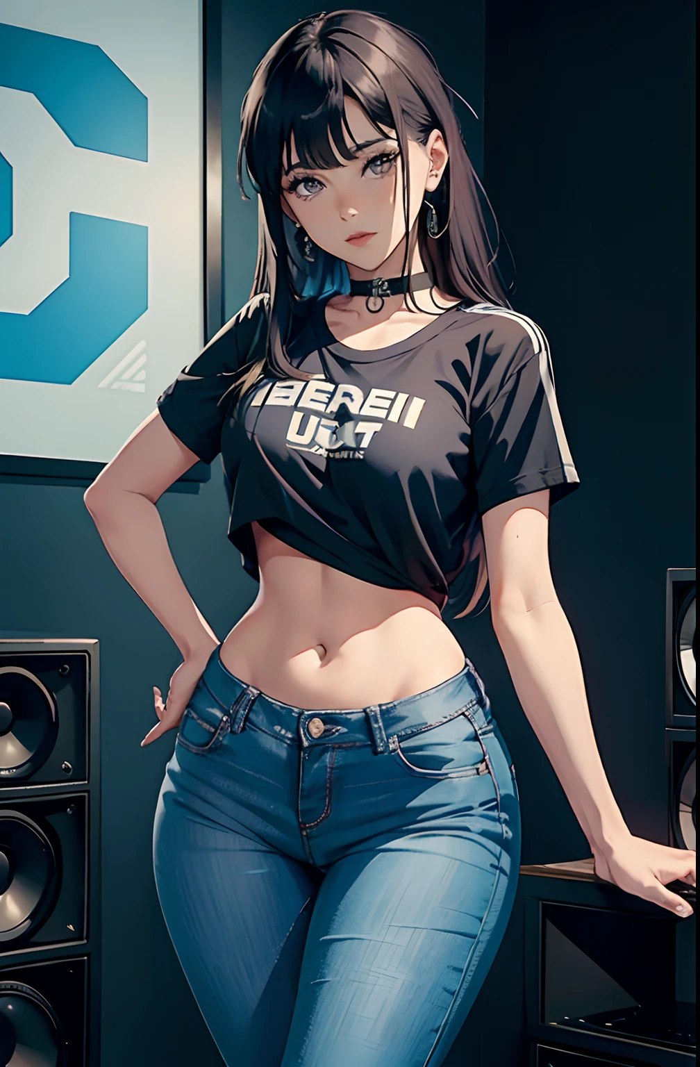 (Hinata Hyuga, muito sensual, com roupas apertadas, bunda grande, pernas grossas, Wearing extremely tight jeans, usando uma mini blusa, umbigo com pirsing, cabelo grande, Speaker behind, muito realista, extremamente sexy, 8k, 8k extremamente detalhado), (um extremamente delicado e bonito), (obra-prima), (melhor qualidade: 1.0), (ultra highres:1.0)