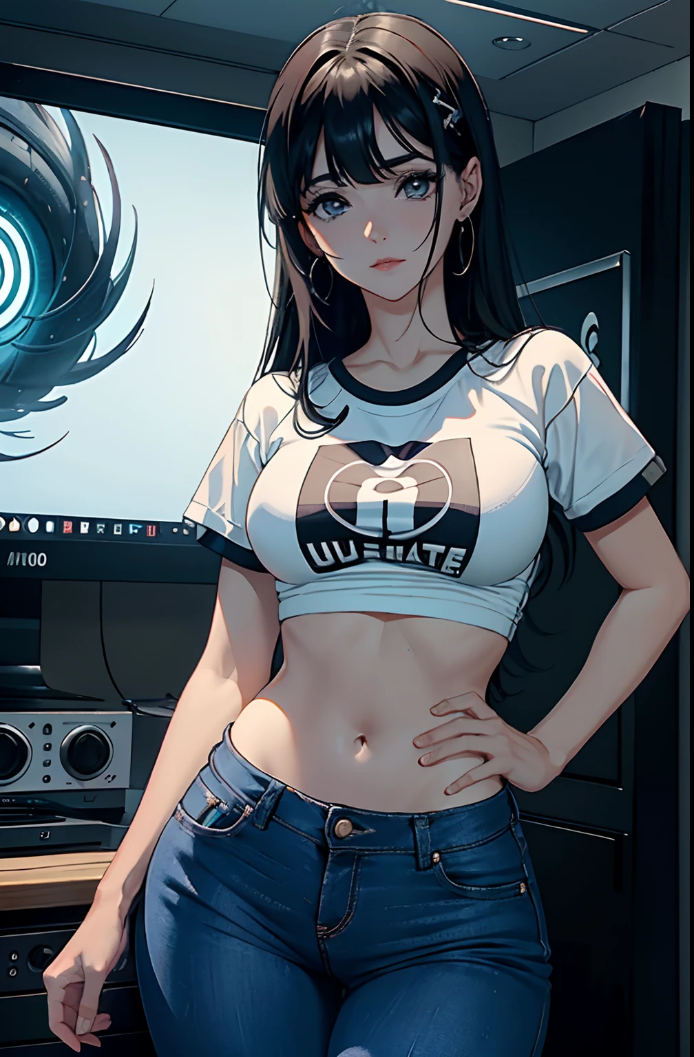 (Hinata Hyuga, muito sensual, com roupas apertadas, bunda grande, pernas grossas, Wearing extremely tight jeans, usando uma mini blusa, umbigo com pirsing, cabelo grande, Speaker behind, muito realista, extremamente sexy, 8k, 8k extremamente detalhado), (um extremamente delicado e bonito), (obra-prima), (melhor qualidade: 1.0), (ultra highres:1.0)