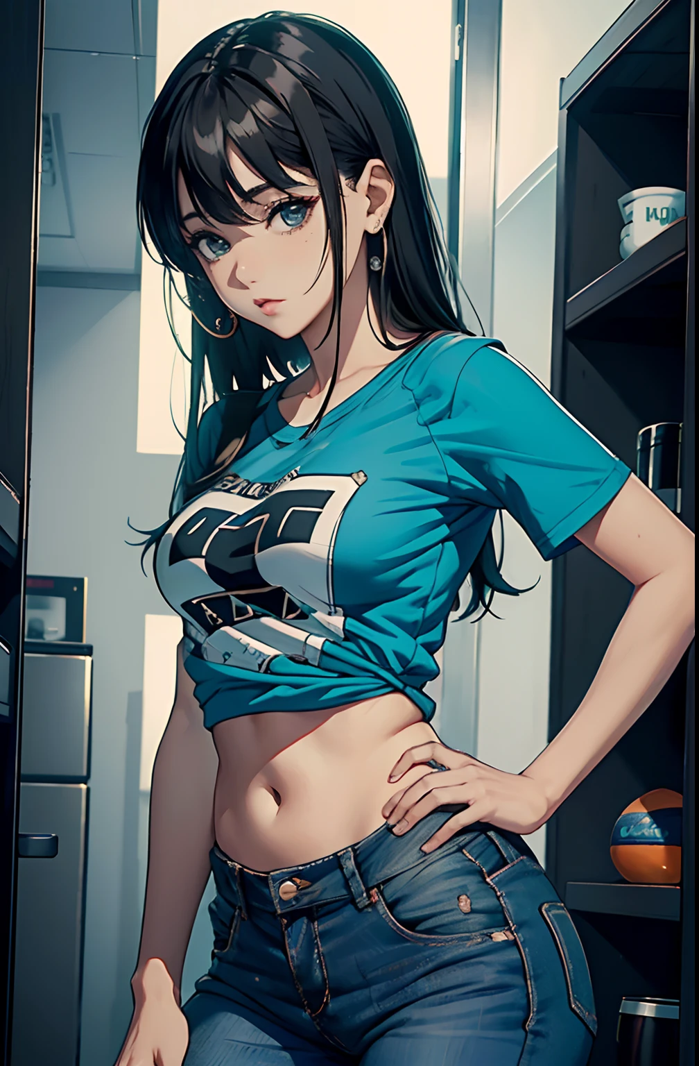1 female, small cat girl, realistic lips oversized white t-shirt going all the way to the thighs, arms crossed propping up breast, hourglass figure, white eyes, french braid, blue hair, annoyed, cat ears, in an apartment, best quality