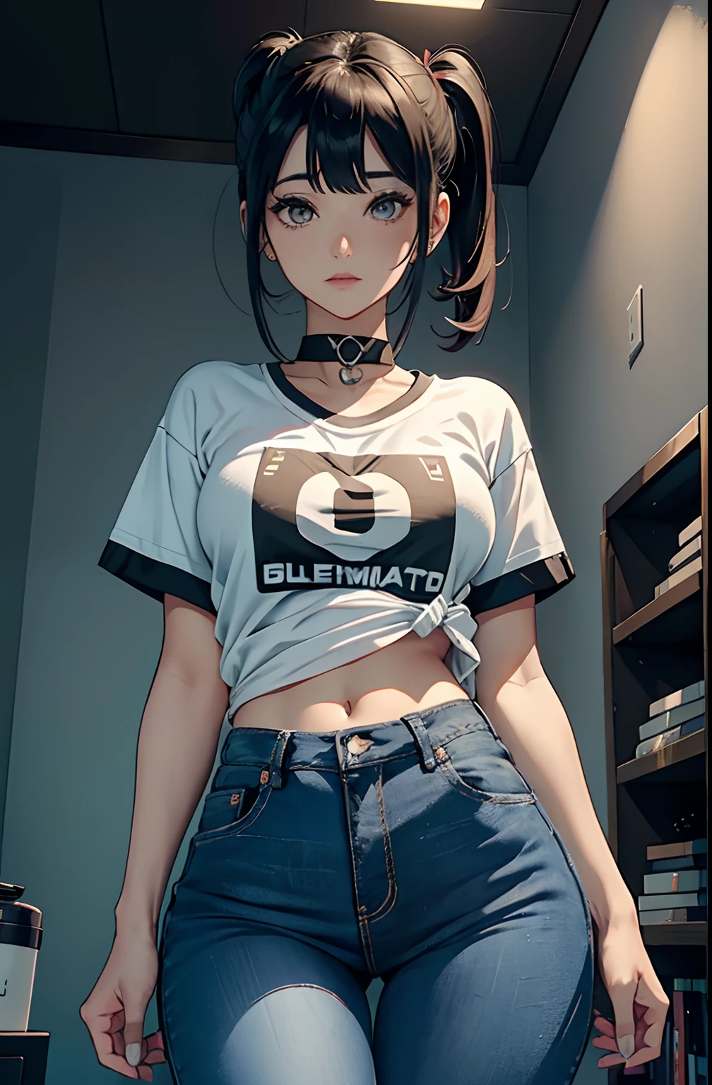 a sexy woman, (best quality), (masterpiece), (1girl), slim, anime, (flat chested), (protrait), (tshirt , short pants), (front view)

